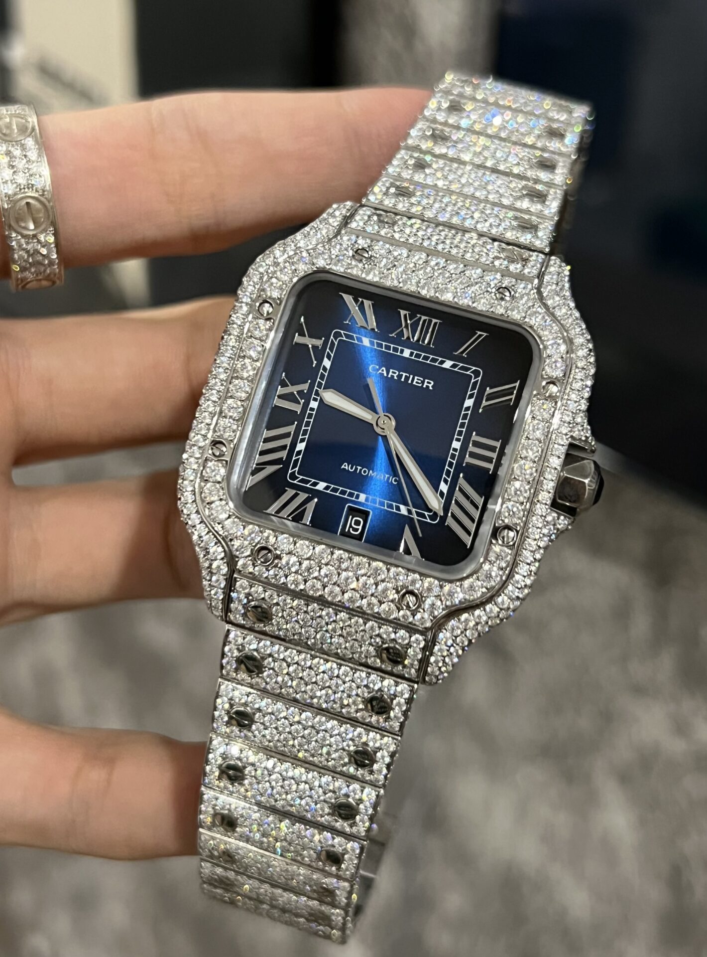 Cartier Santos Best Replica Watch Custom Moissanite Diamonds Blue Dial 39.8mm