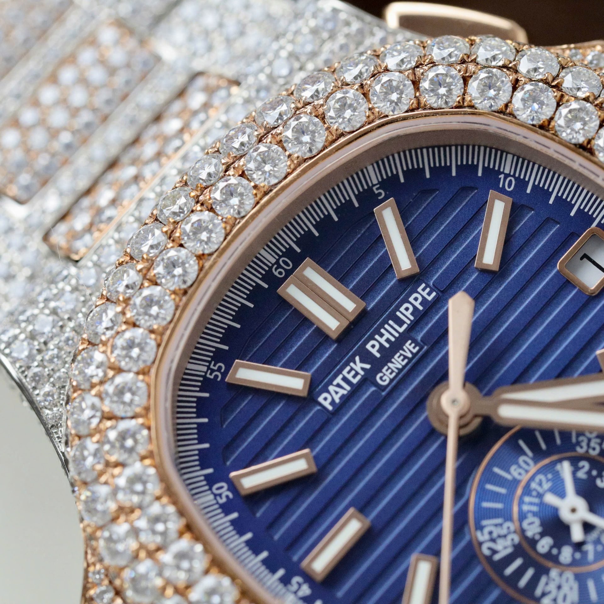 Patek Philippe Nautilus 5980 Replica Watch 18K Gold Wrapped + Diamonds Moissanite Custom 40.5mm