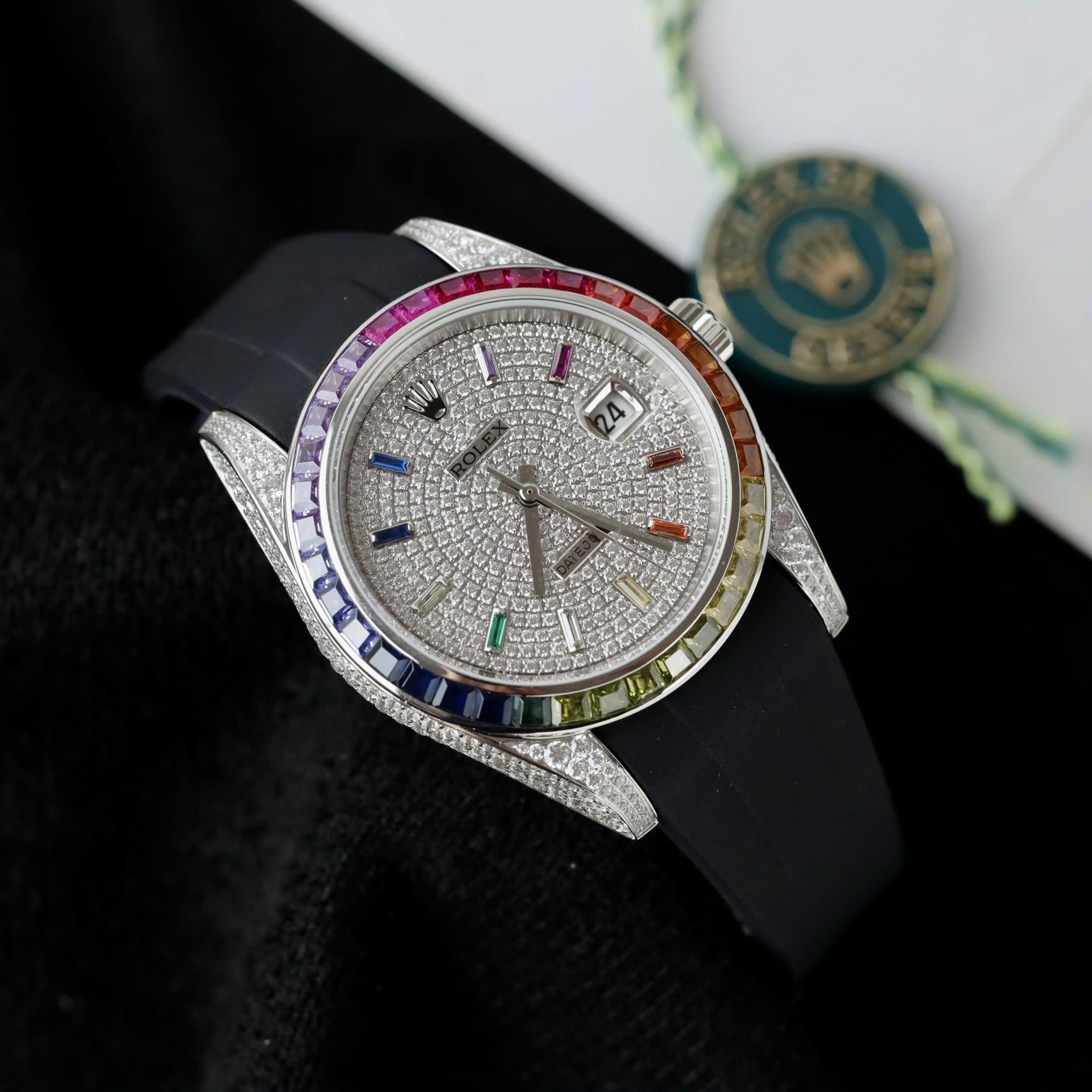 Rolex DateJust Rainbow Fake Watch Rubber Strap 41mm