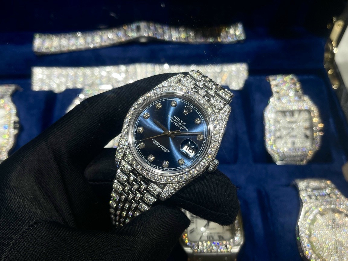 Rolex Best Replica Watch DateJust Dial Blue Custom Full Diamonds Moissanite 41mm