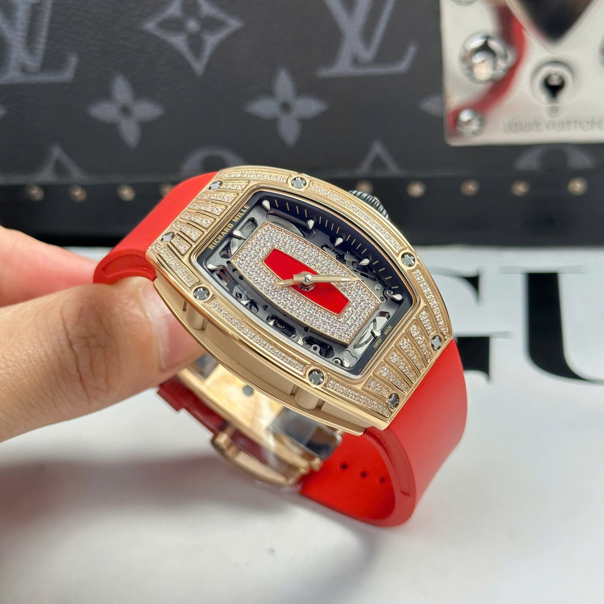 Richard Mille RM07-01 Best Replica Watches Diamonds Red Rubber Strap ZF Factory 36mm