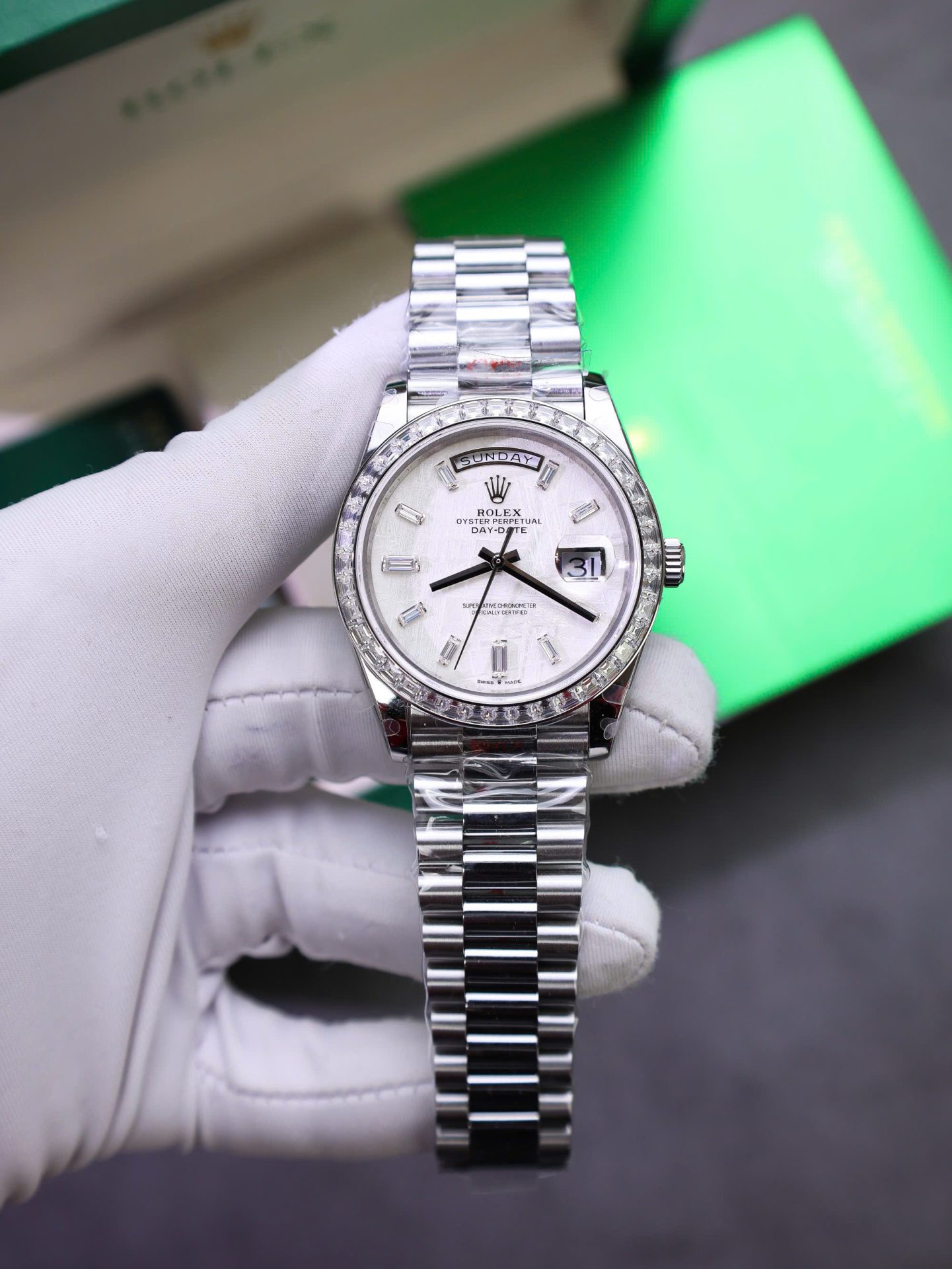 Rolex Day-Date Best Copies Watch Meteorite Wial Custom Diamonds Moissanite Baguette 40mm