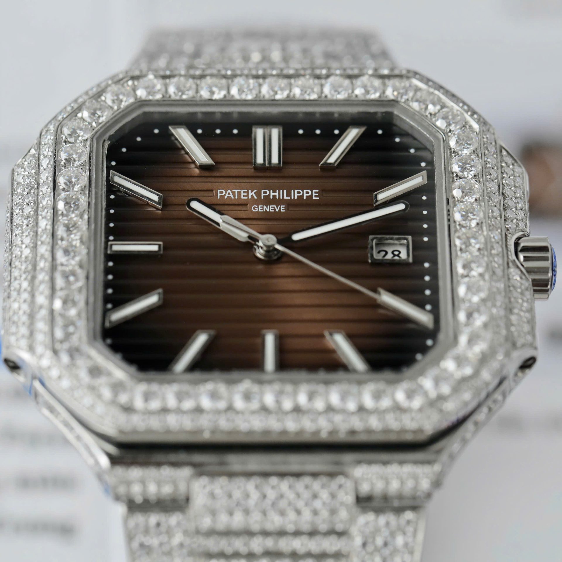 Patek Philippe Cubitus 5821 Dial Brown Replica Watch Full Diamonds Moissanite Hong Kong 45mm