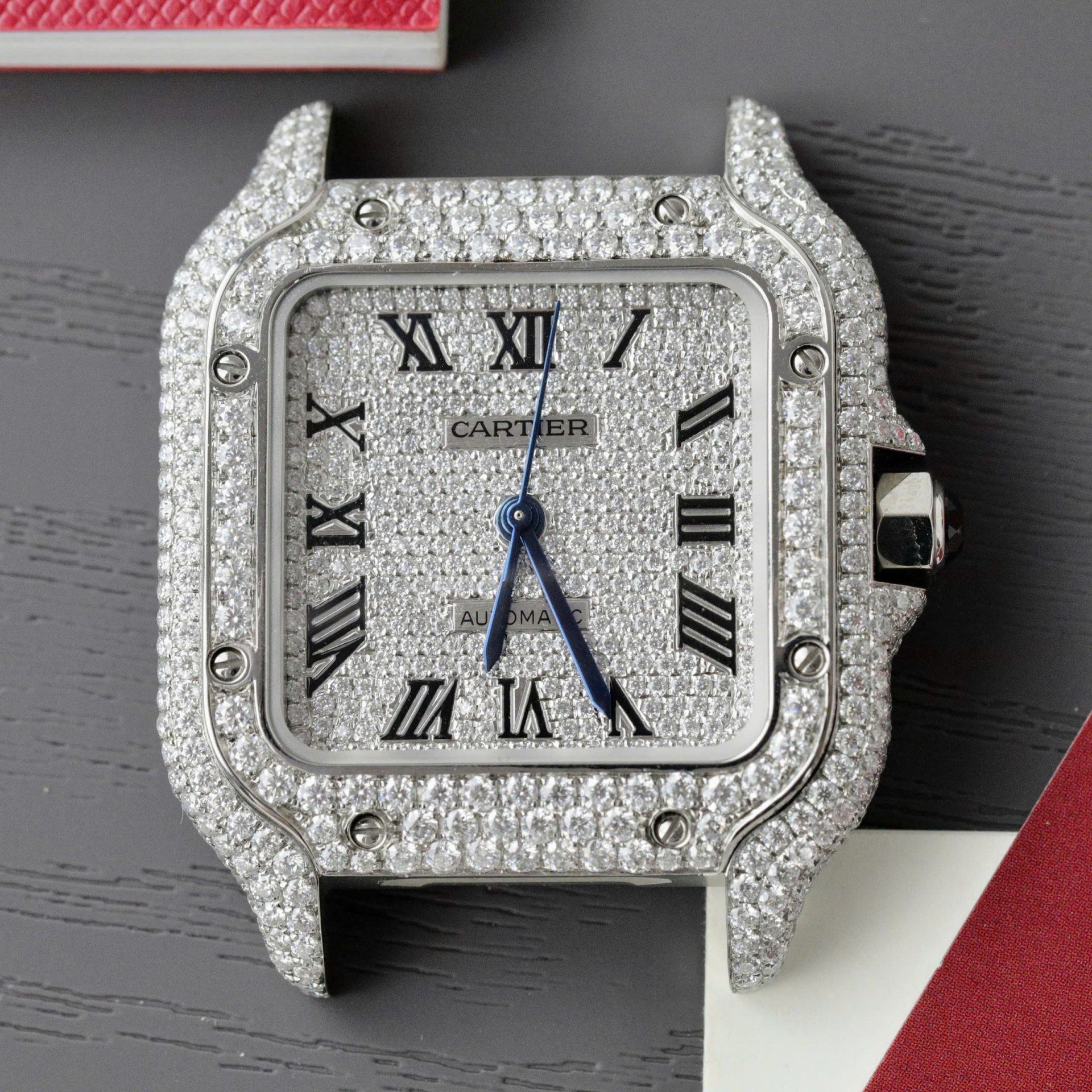 Cartier Santos Women Copies Watches Full Moissanite Diamonds Custom 35mm