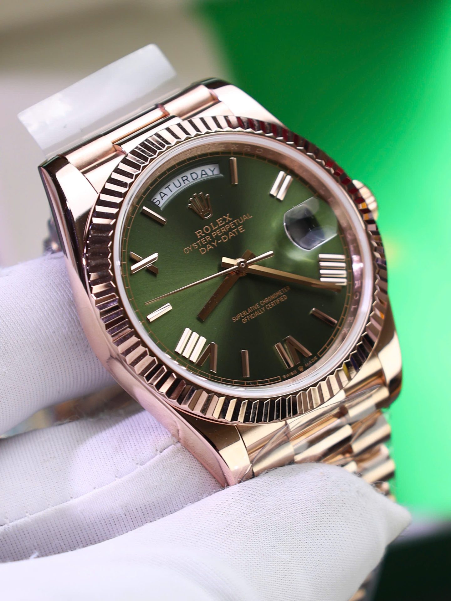 Rolex Day-Date Green Dial Replica Watch Gold Wrapped Weight 186Gram QF 40mm