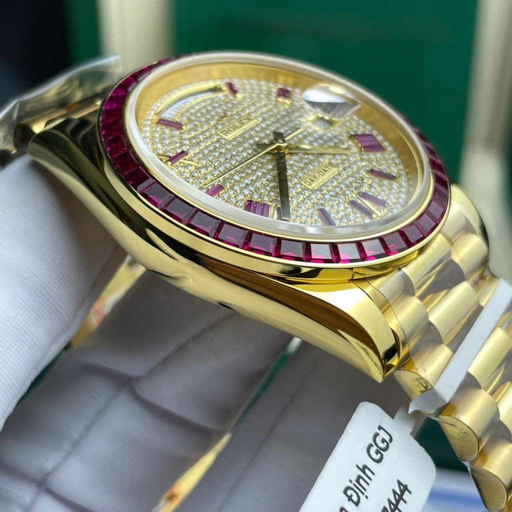 Rolex Day-Date Replica Watch Ruby Red + Moissanite Diamonds Gold Wrapped GM Factory 40mm