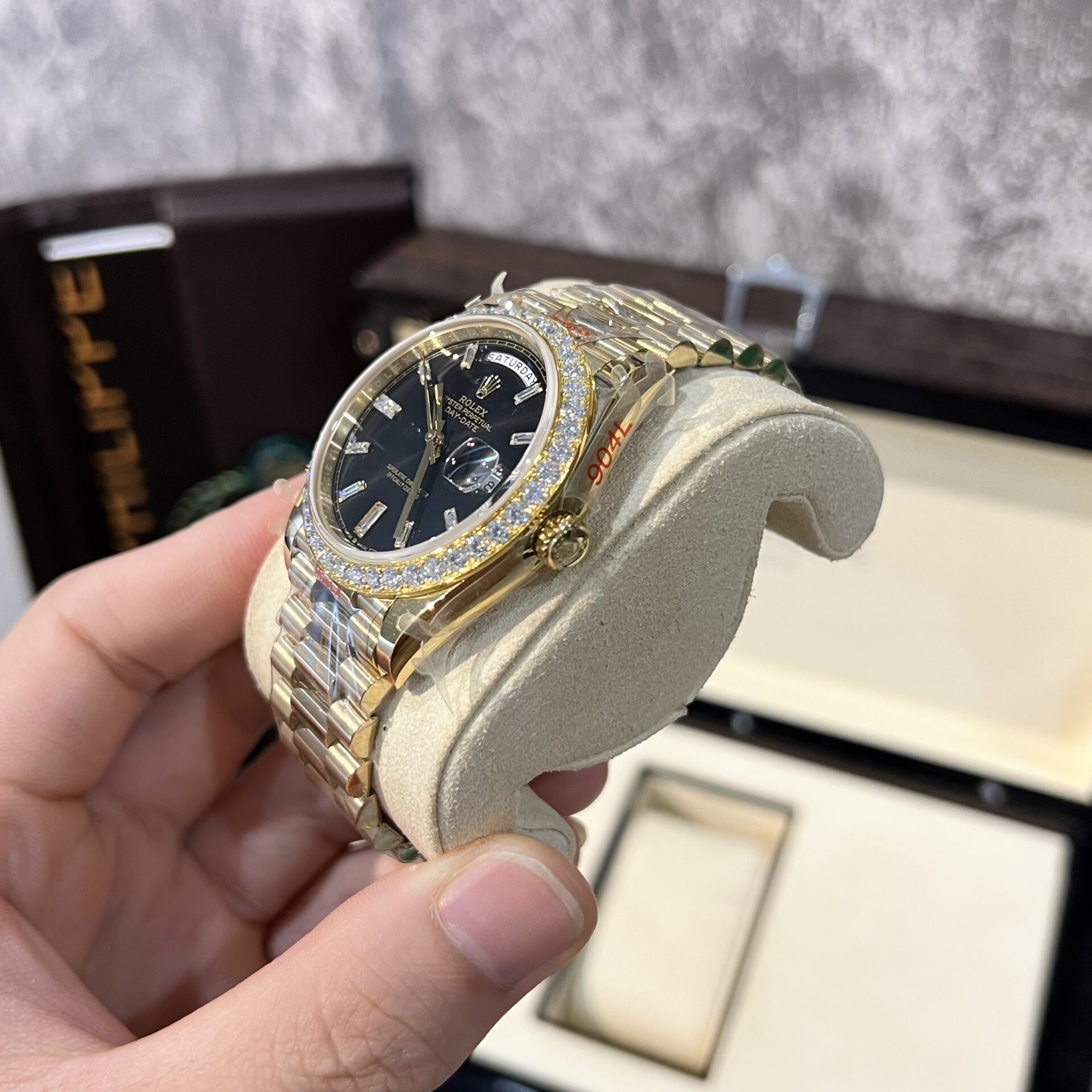 Rolex Day-Date 228238 Replica Watch Black Dial Refined Moissanite Diamond 40mm