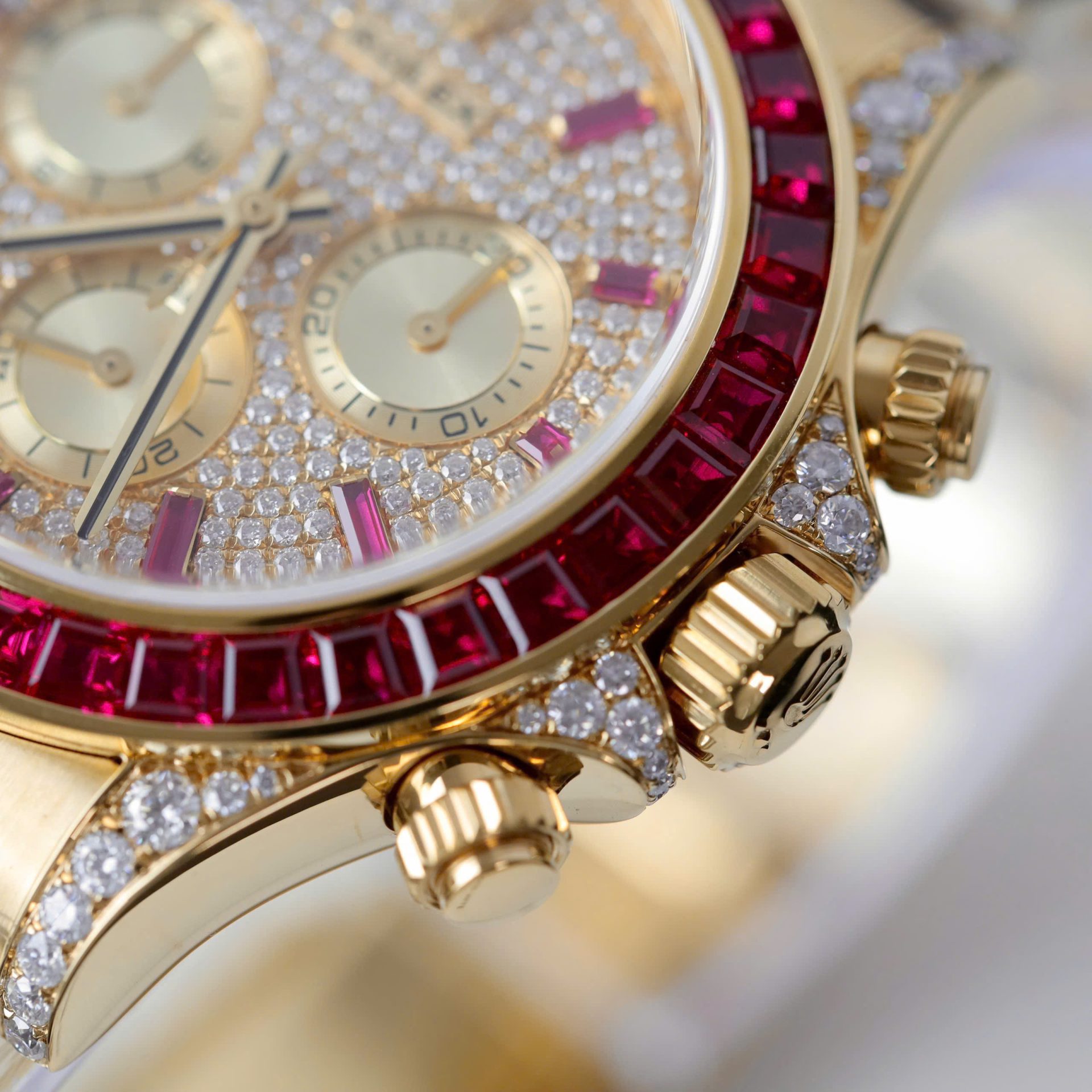 Rolex Daytona 126598TRU Replica Watches Custom Gold Wrapped + Ruby + Diamonds Moissanite 40mm