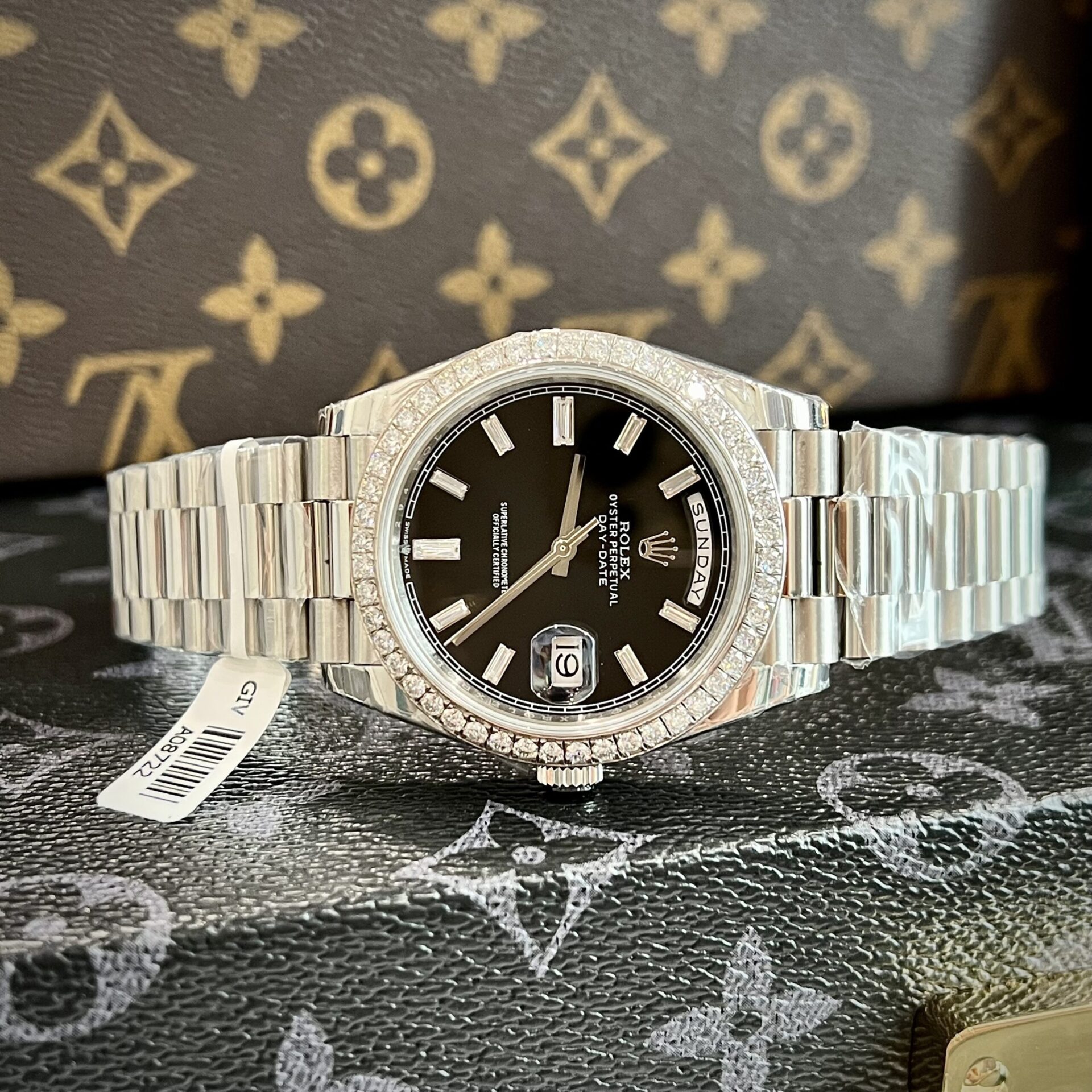 Rolex Day-Date Replica Watch Black Dial Custom Moissanite Diamonds 40mm