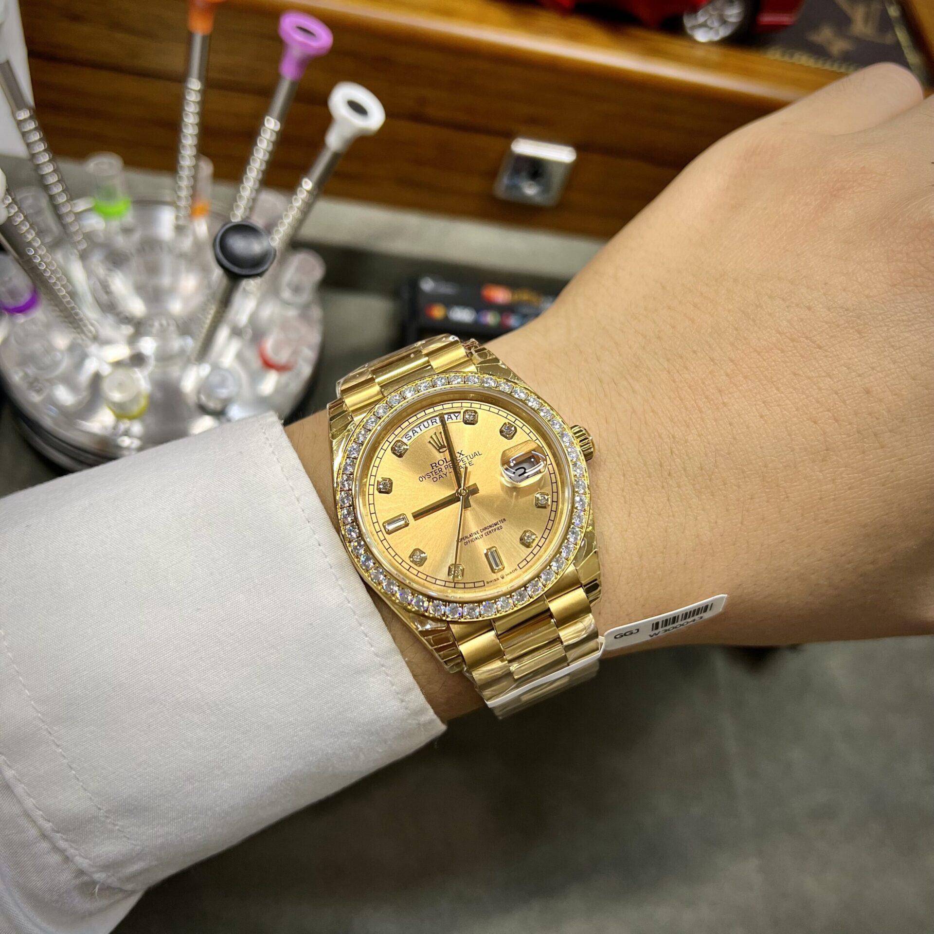 Rolex Fake Watch Day-Date Yellow Dial Custom Moissanite Diamonds 40mm