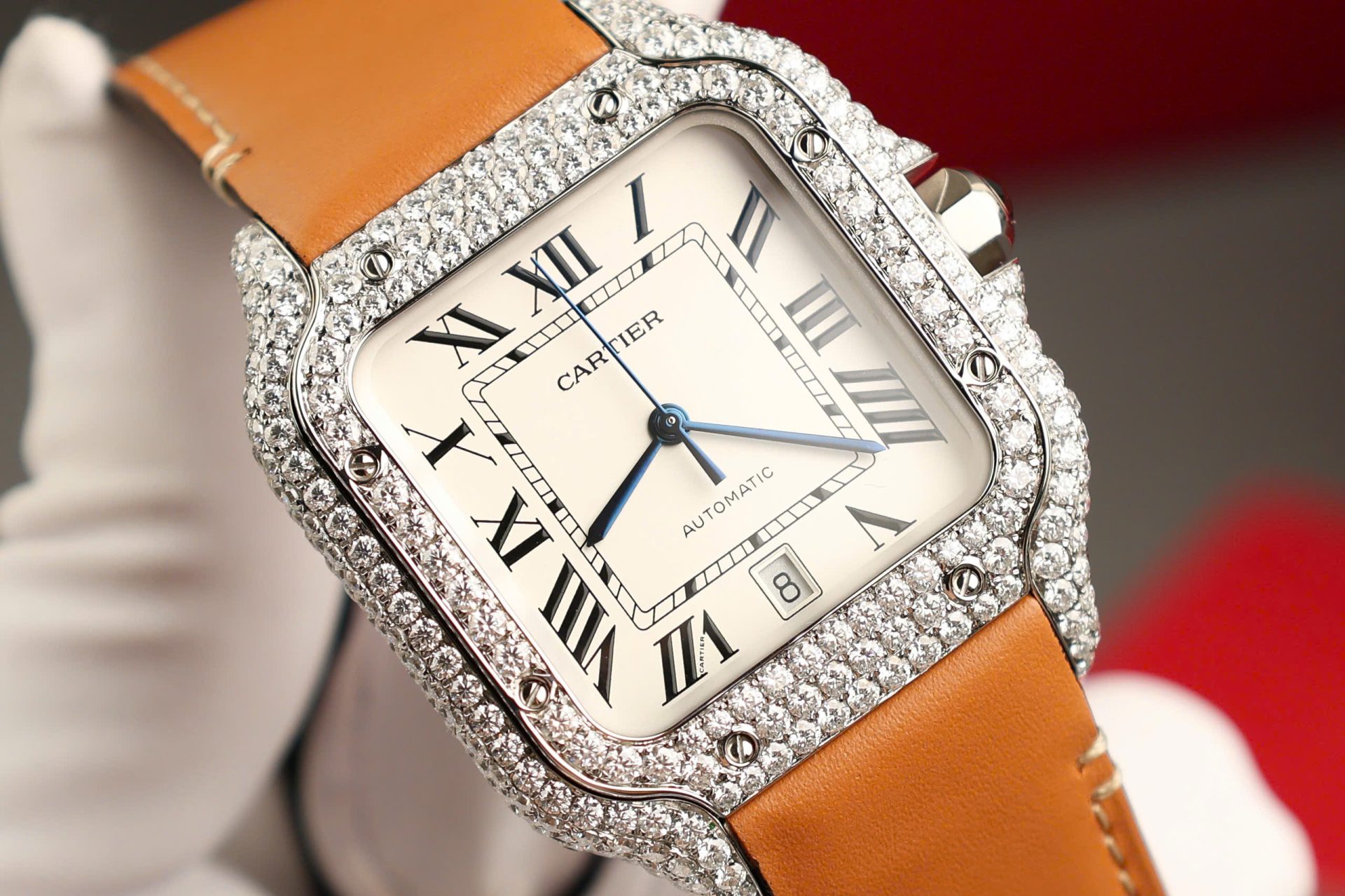 Cartier Santos White Dial Replica Watch Custom Diamonds Moissanite BV Factory 39.8mm