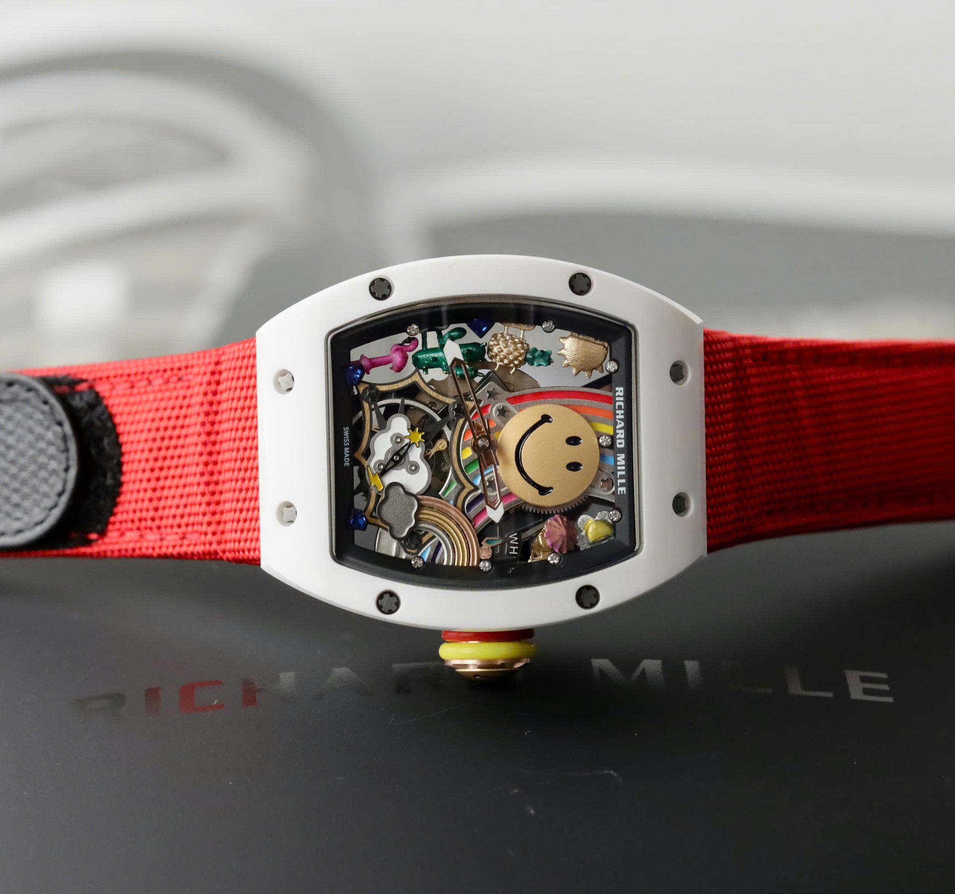 Richard Mille Clone Watches RM88 Smiley White Ceramic Fabic Nato Strap 42mm