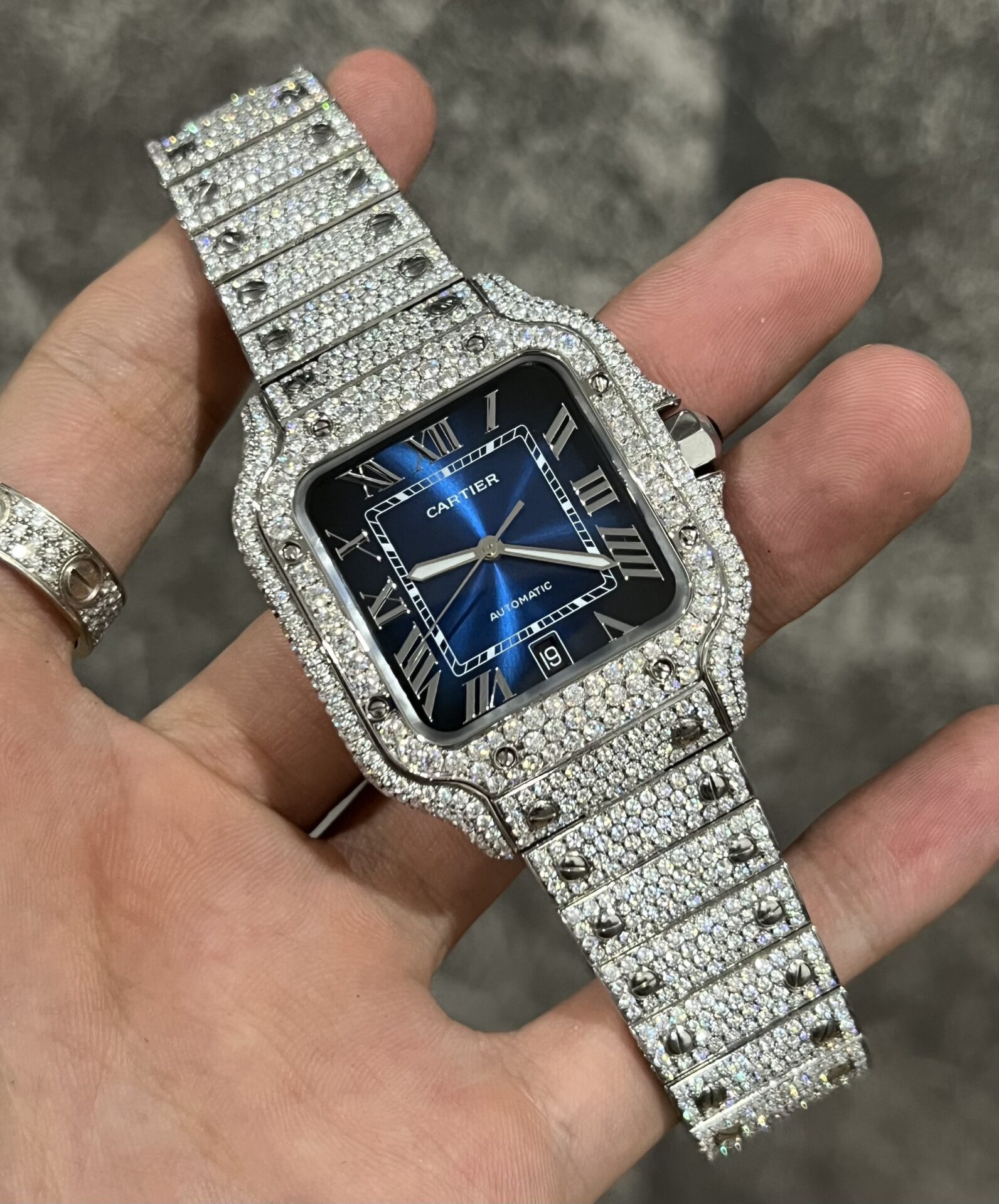 Cartier Santos Best Replica Watch Custom Moissanite Diamonds Blue Dial 39.8mm