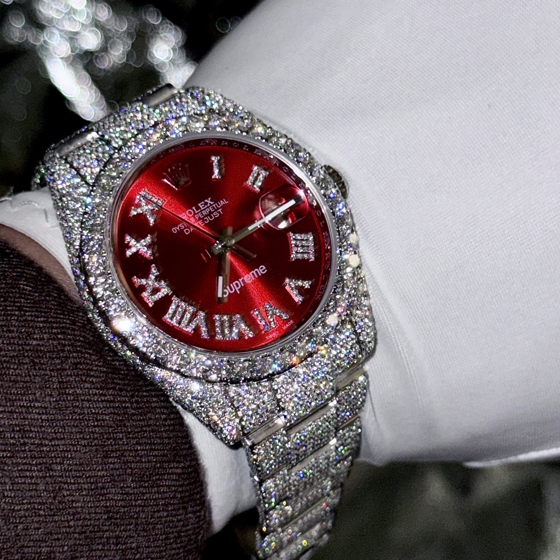 Rolex Best Replica Watch DateJust Supreme Custom Moissanite Diamonds Red Dial 41mm