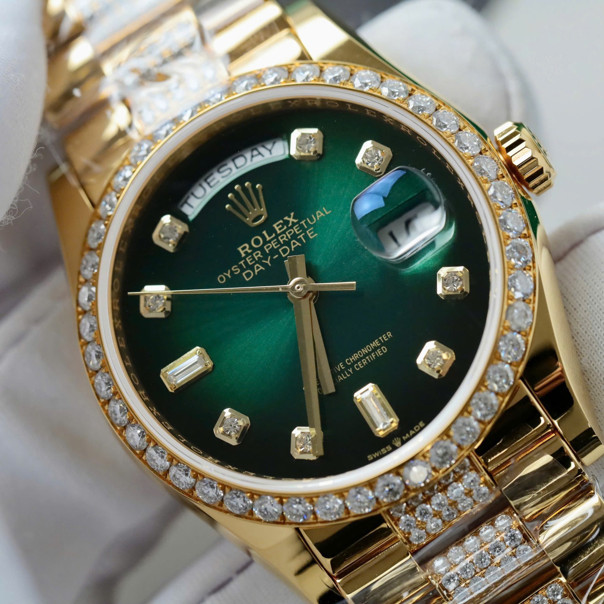 Rolex Day-Date Dial Green Ombre Copies Watch Gold Wrapped + Diamonds Moissanite Custom 36mm