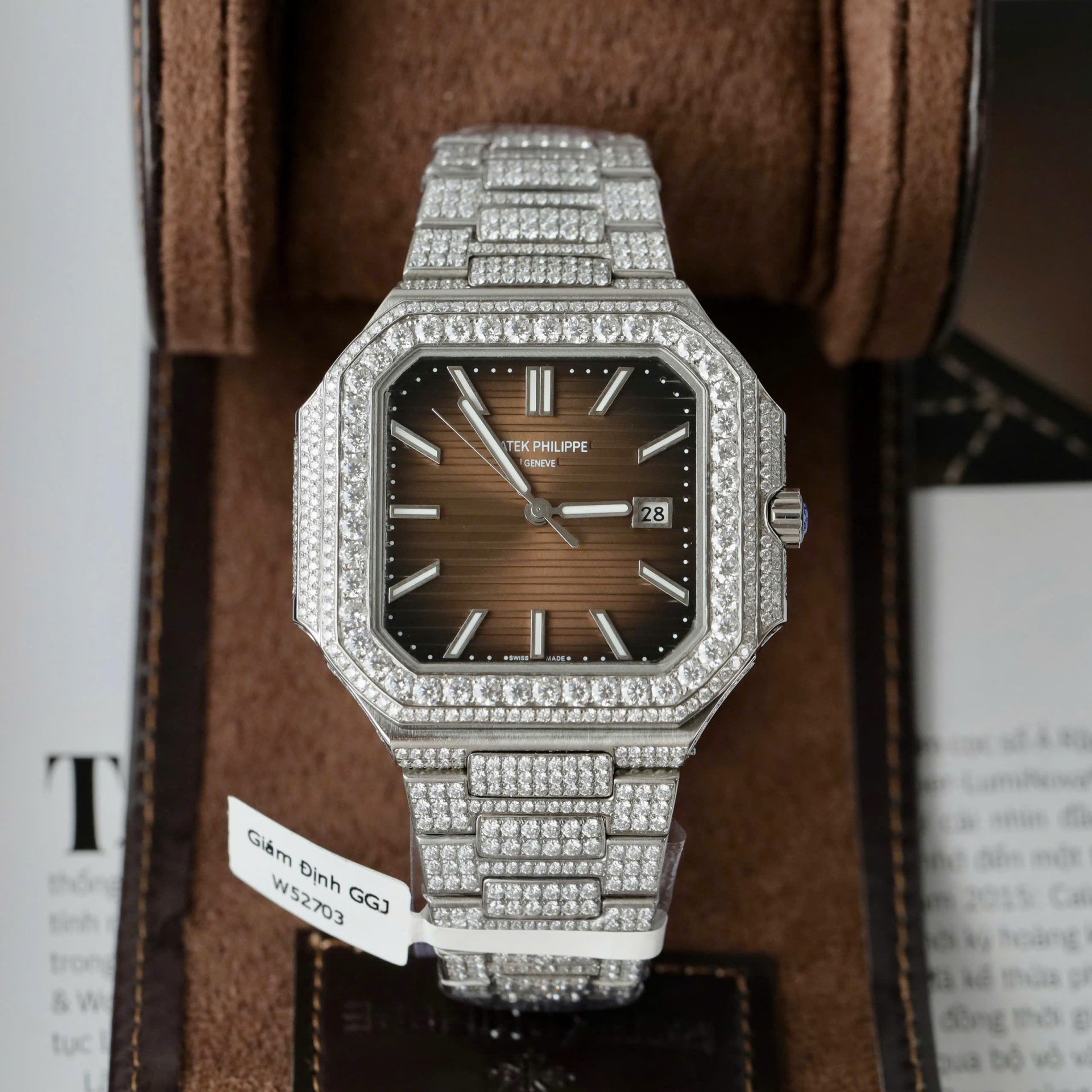 Patek Philippe Cubitus 5821 Dial Brown Replica Watch Full Diamonds Moissanite Hong Kong 45mm