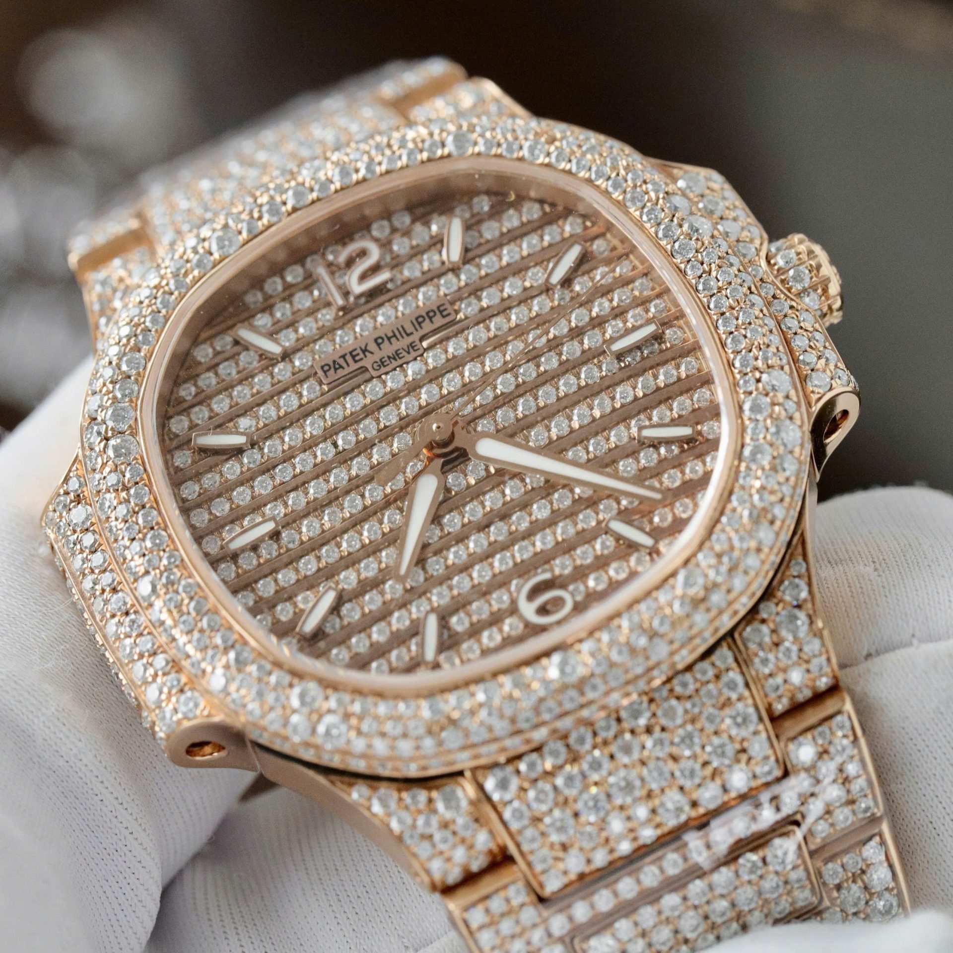 Patek Philippe Nautilus 7118 Replica Watch Gold Wrapped + Moissanite Diamonds Custom 35.2mm