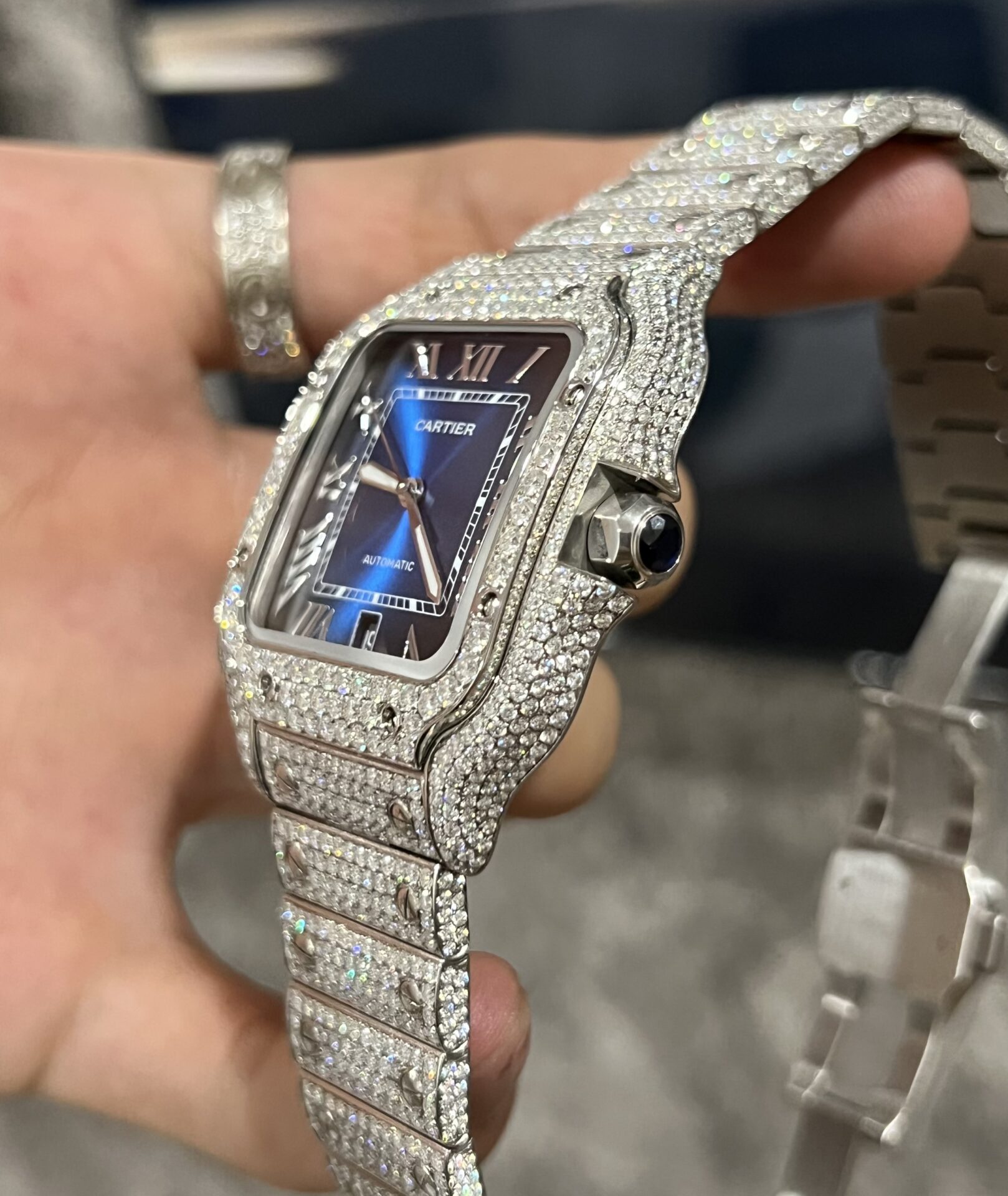 Cartier Santos Best Replica Watch Custom Moissanite Diamonds Blue Dial 39.8mm