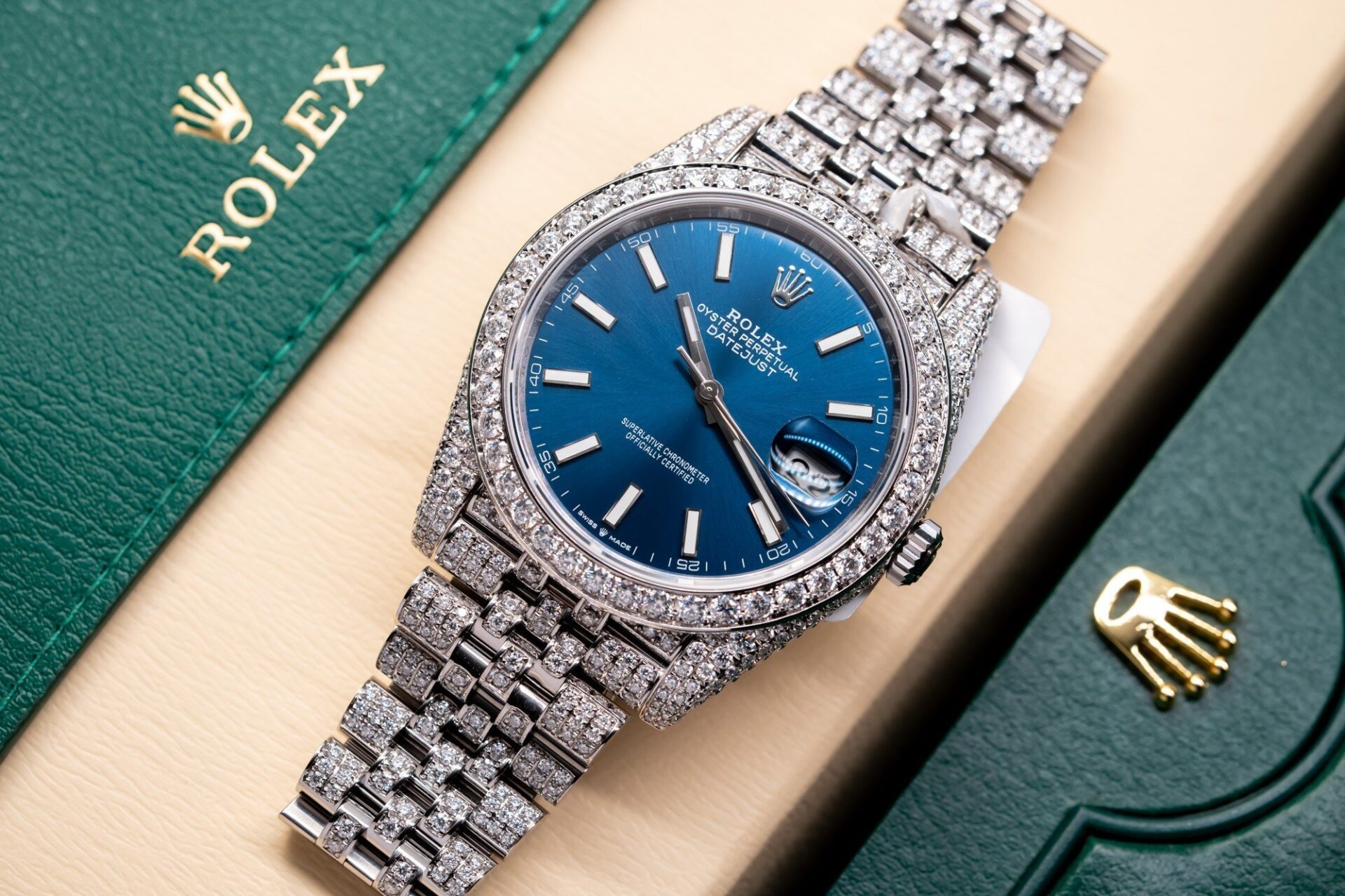 Rolex DateJust 126334 Replica Watch Blue Dial Full Diamond Moissanite 41mm