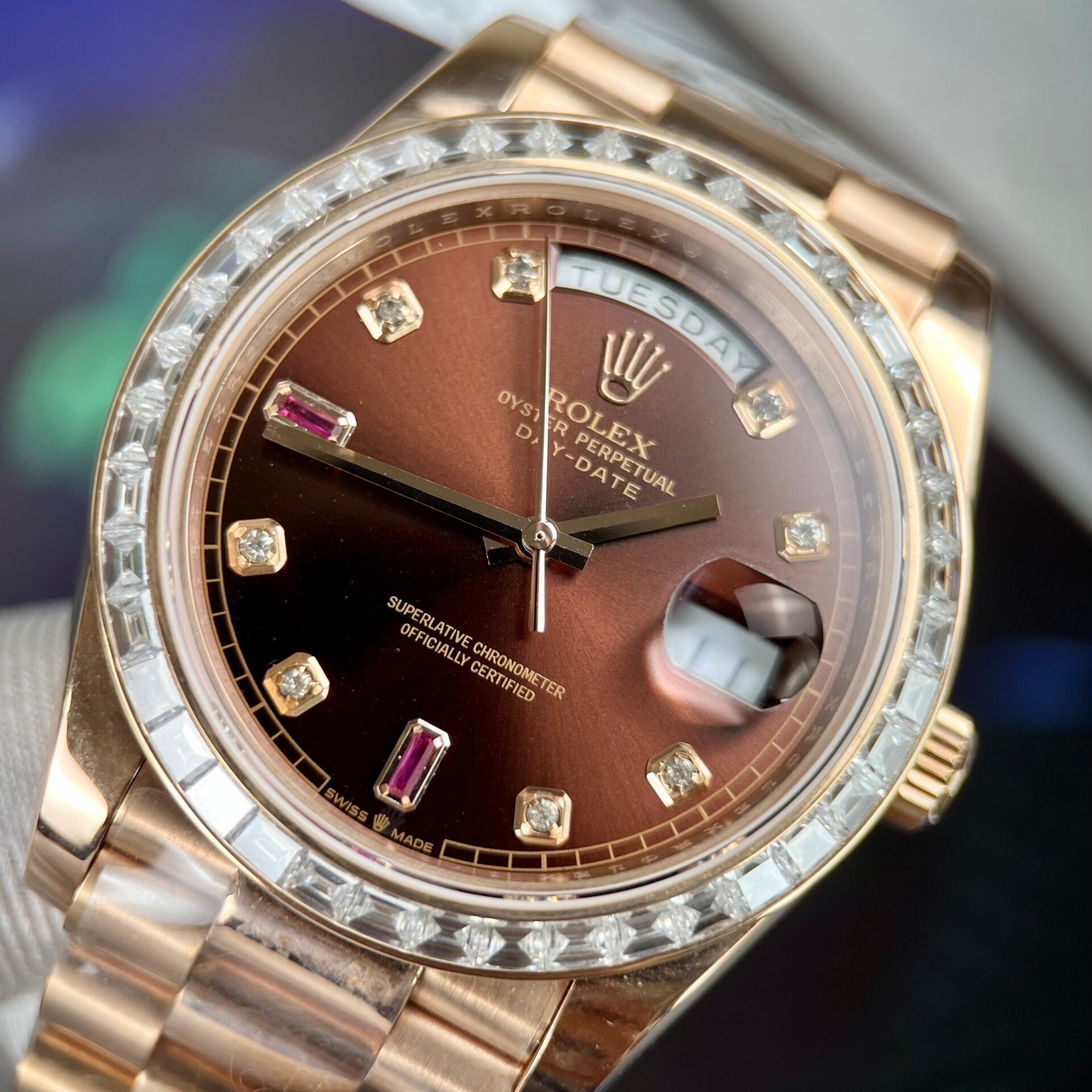 Rolex Day-Date Gold Wrapped Replica Watch With Moissanite Ruby Red Diamond 40mm