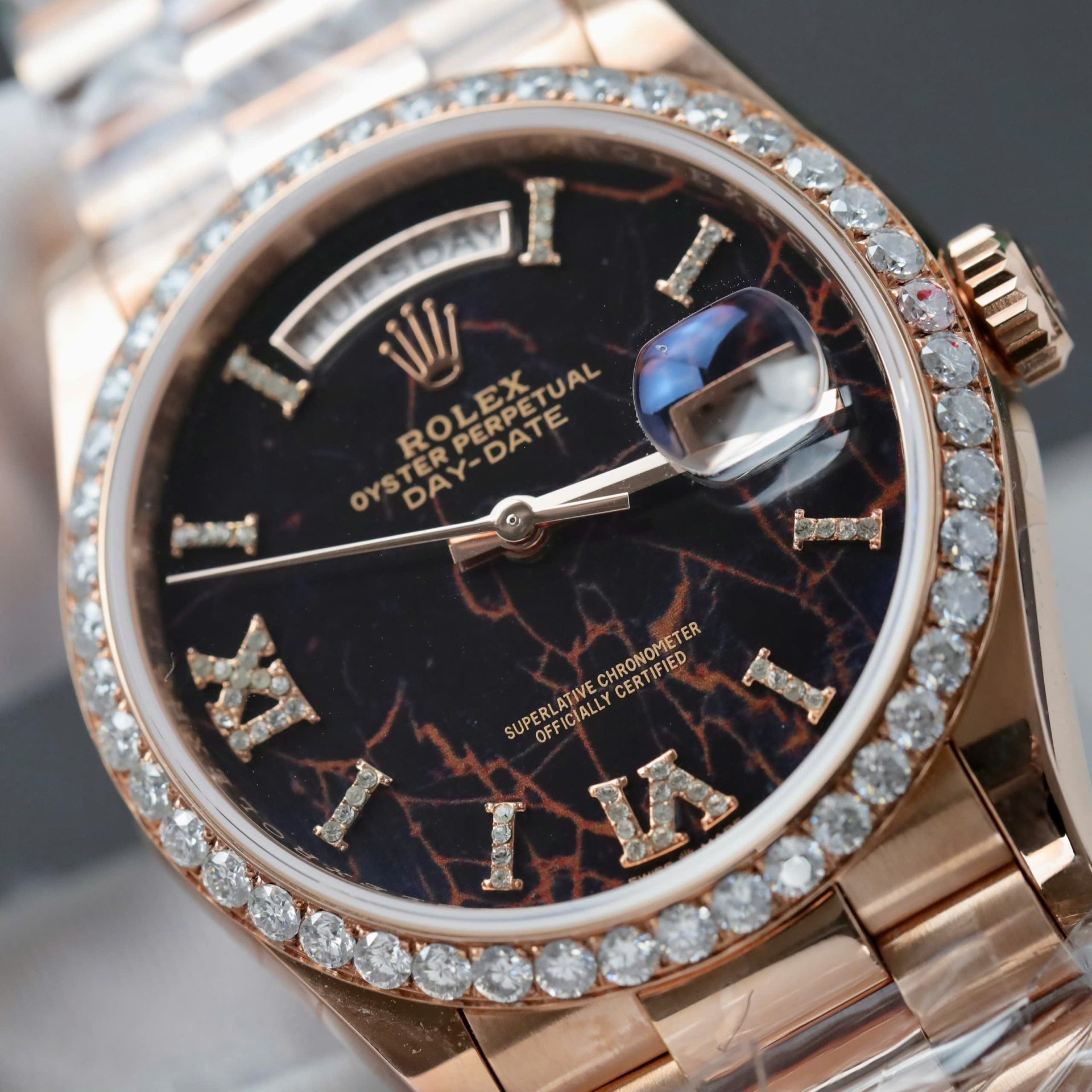 Rolex Day-Date Eisenkiesel Dial Copies Watch Gold Wrapped + Diamonds Moissanite GM Factory 36mm