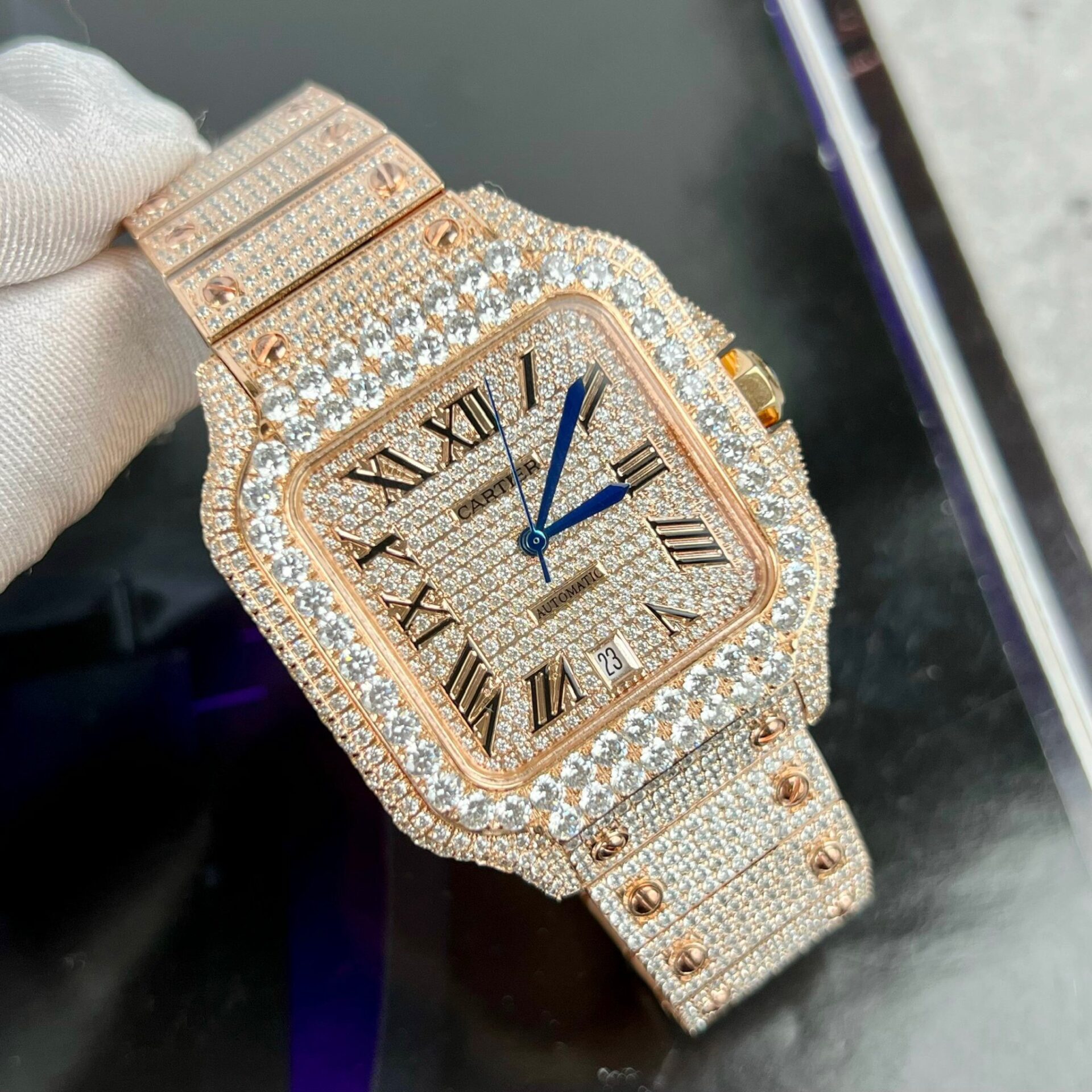 Cartier Santos Men s Full Diamond Replica Watch Highest Quality 39.8mm