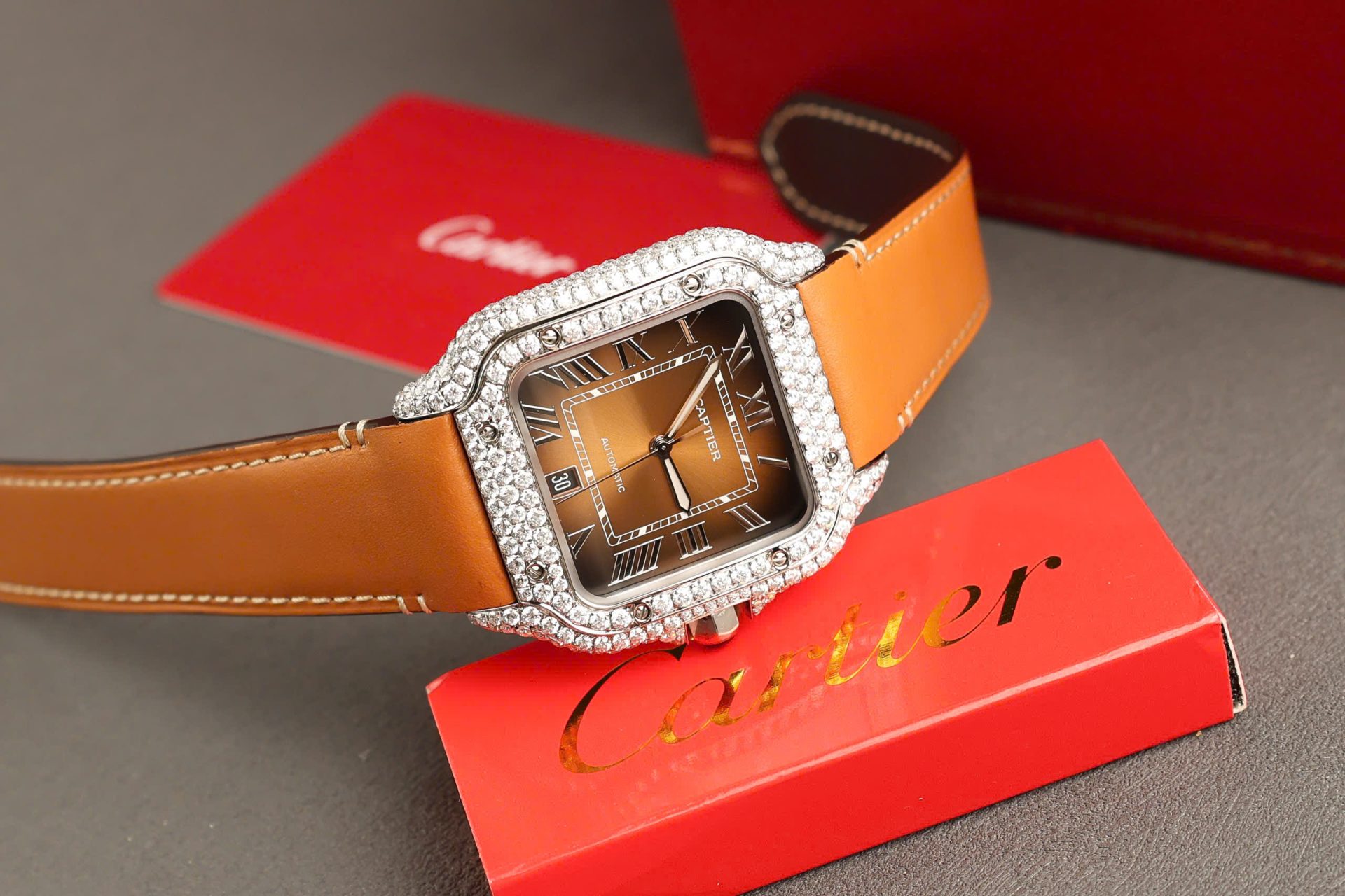Cartier Santos Dial Brown Replica Watches Custom Diamonds Moissanite BV Factory 39.8mm