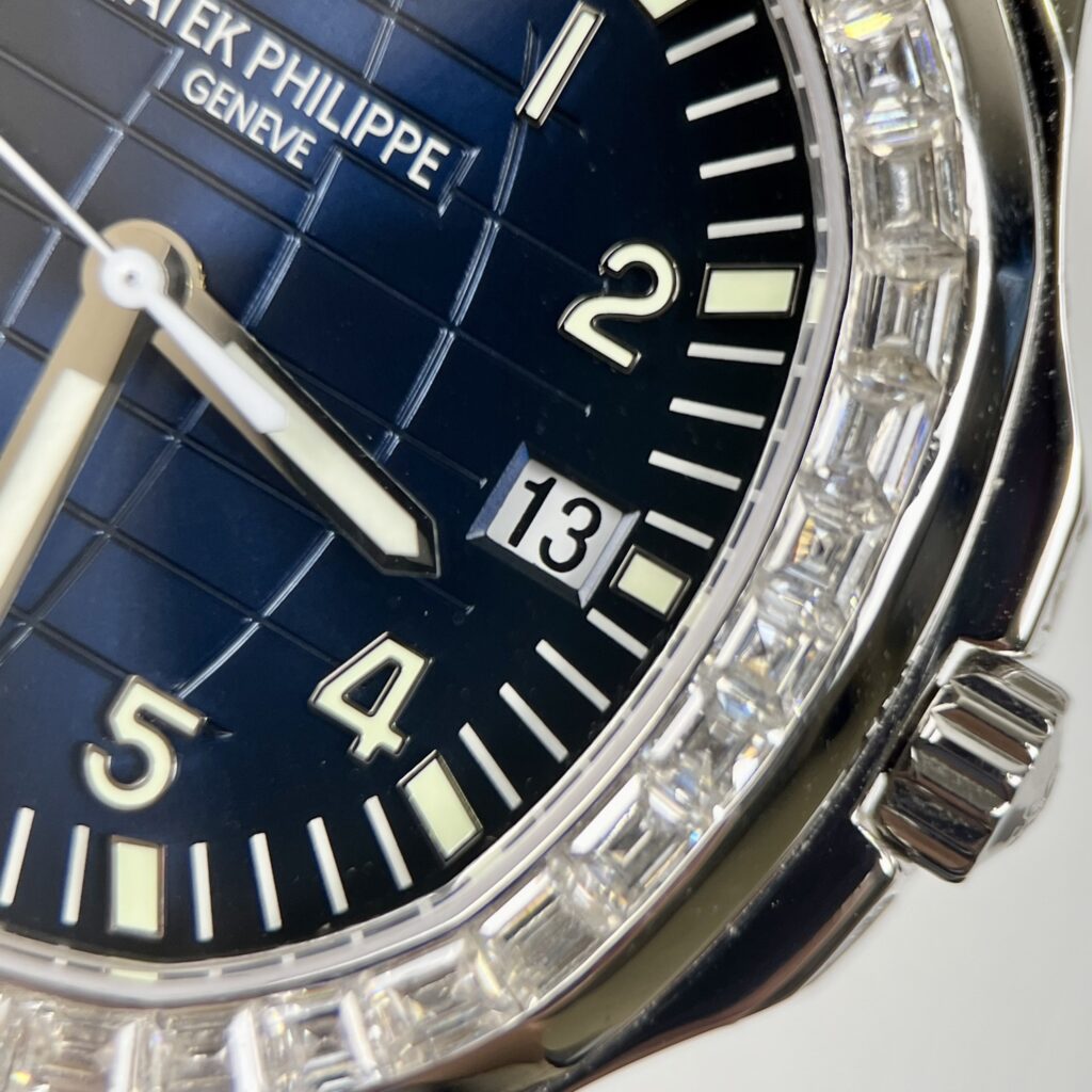 Patek Philippe Replica Watch Aquanaut 5168G Custom Moissanite Baguette Diamonds Blue Dial 42.2mm