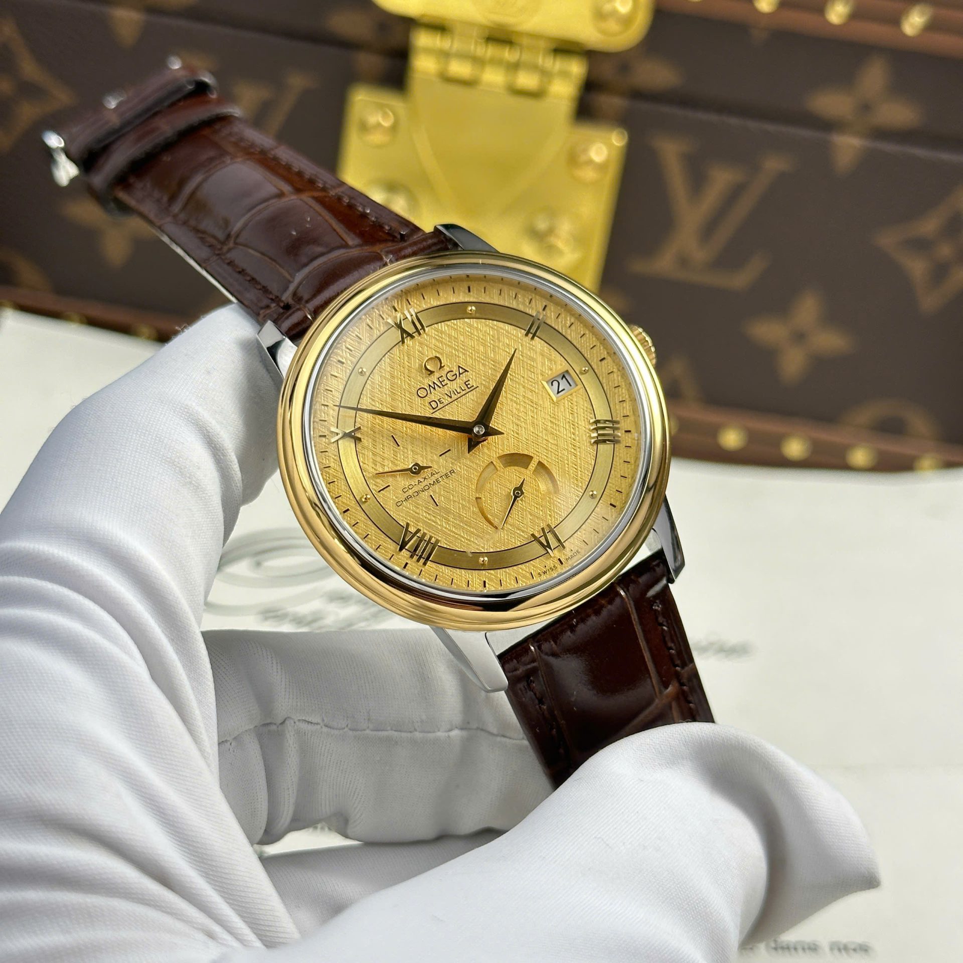 Omega De Ville Prestige Power Reserve Replica 11 Watch Yellow Dial Leather Strap 39.5mm