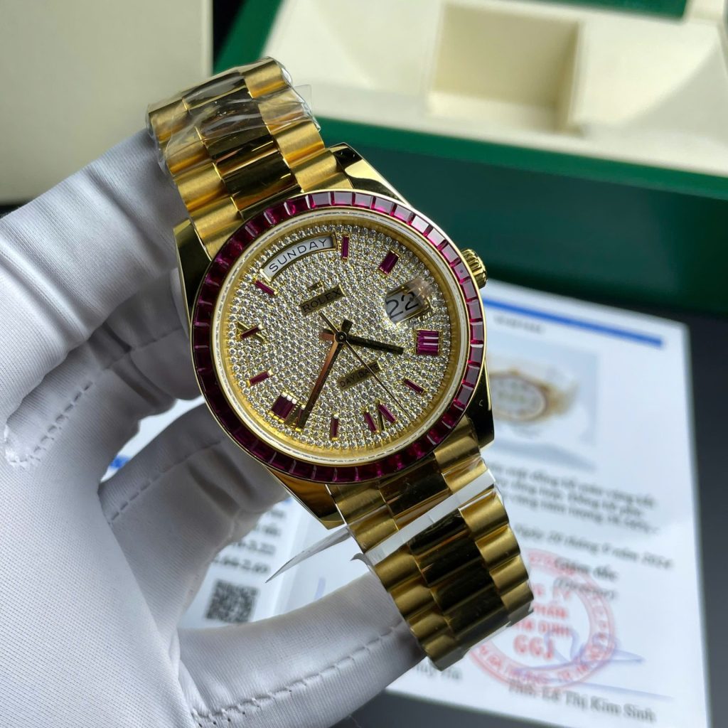 Rolex Day-Date Replica Watch Ruby Red + Moissanite Diamonds Gold Wrapped GM Factory 40mm
