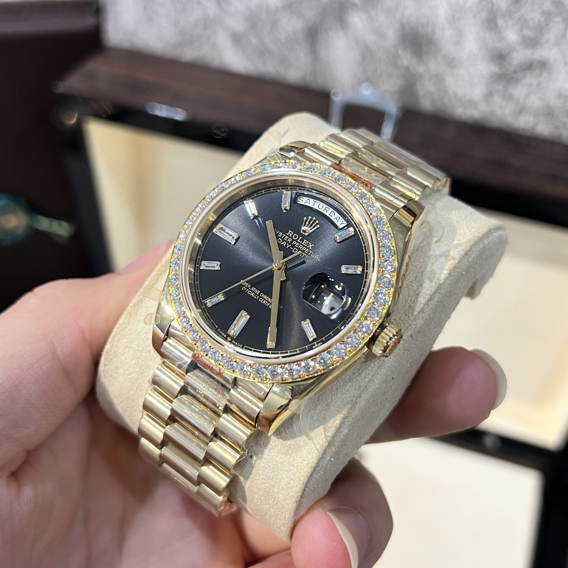 Rolex Day-Date 228238 Replica Watch Black Dial Refined Moissanite Diamond 40mm