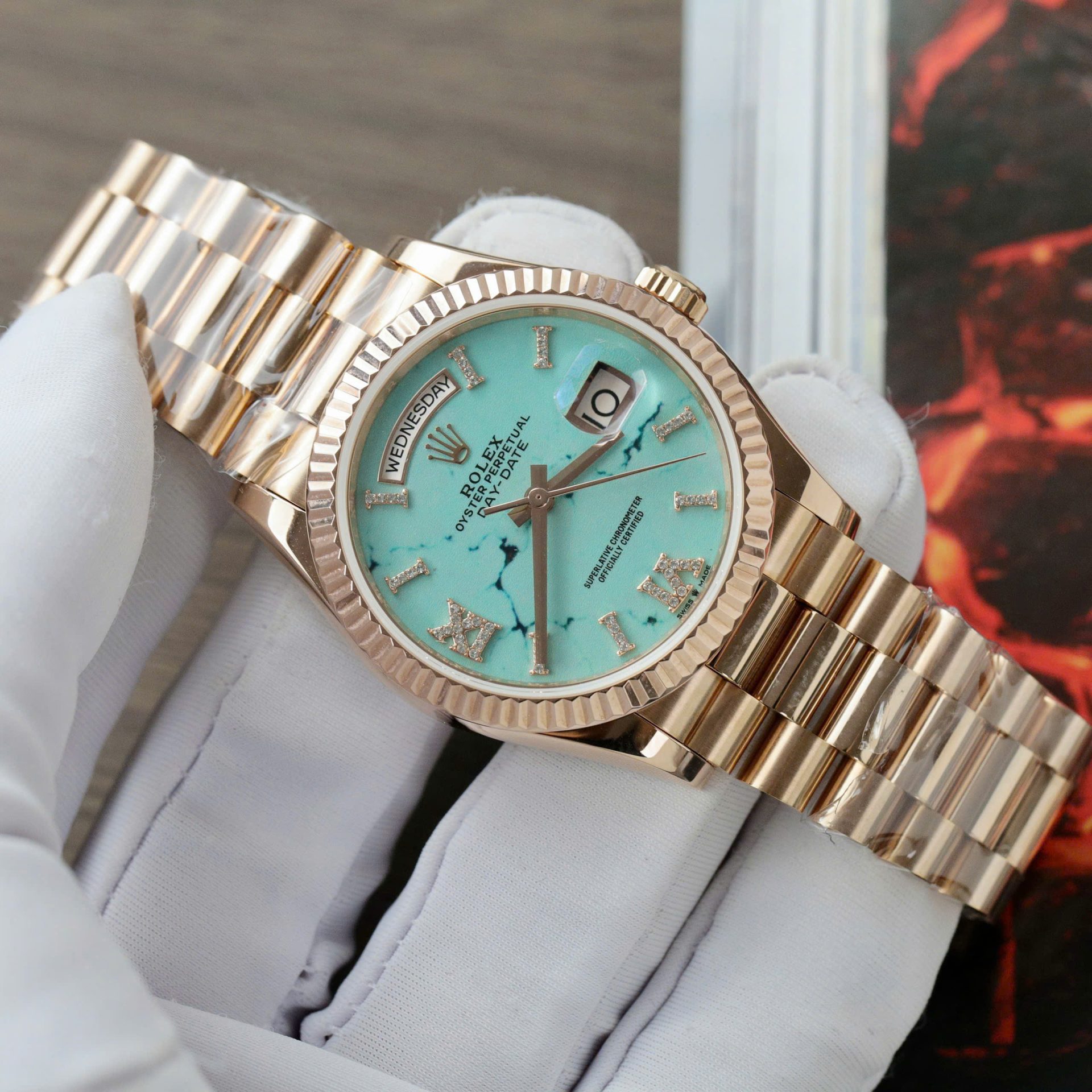 Rolex Best Replica Watch Day-Date 128238 Dial Turquoise Gold Wrapped 36mm