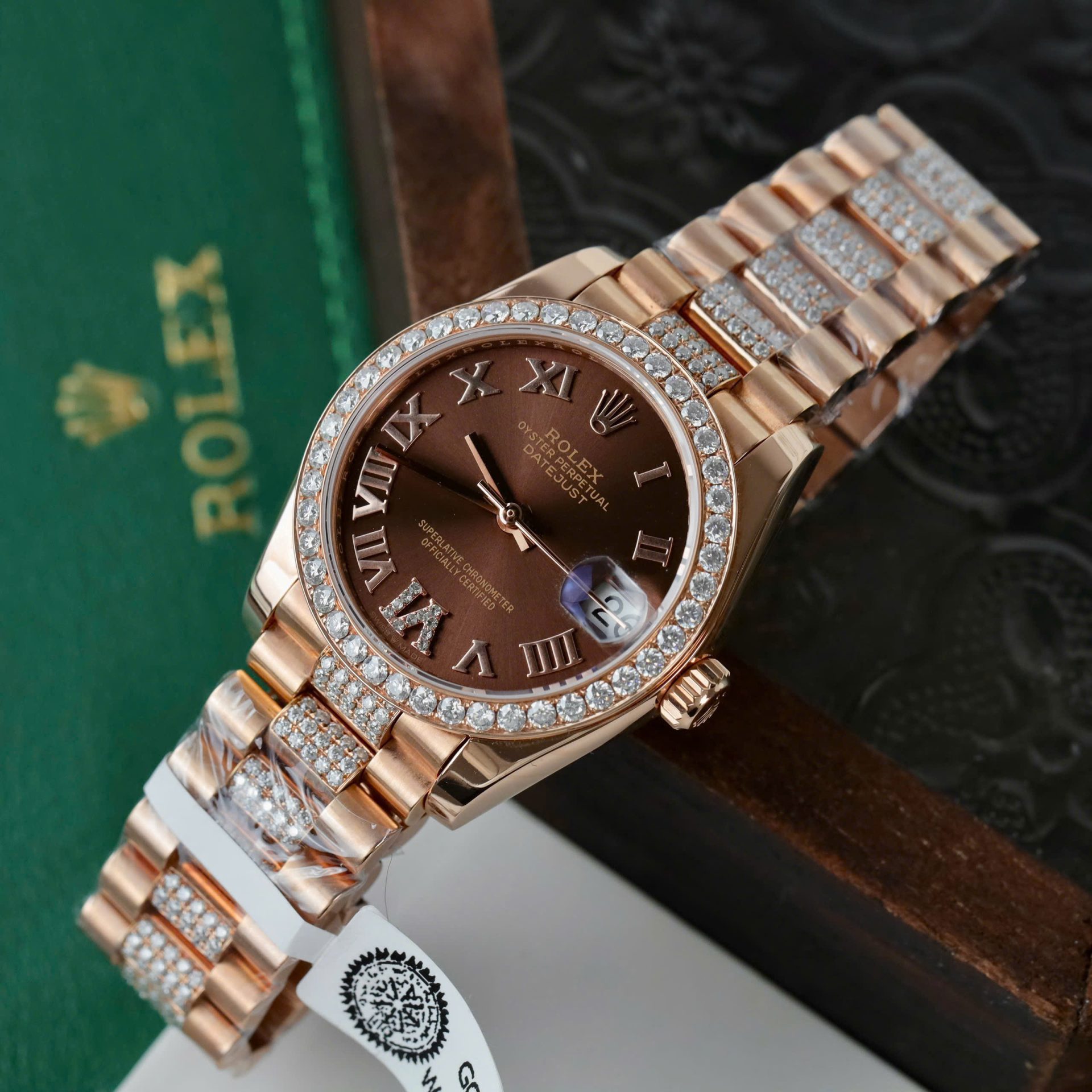 Rolex DateJust Women Dial Chocolate Copies Watches Custom Moissanite Diamonds + 18K Gold Wrapped 31mm