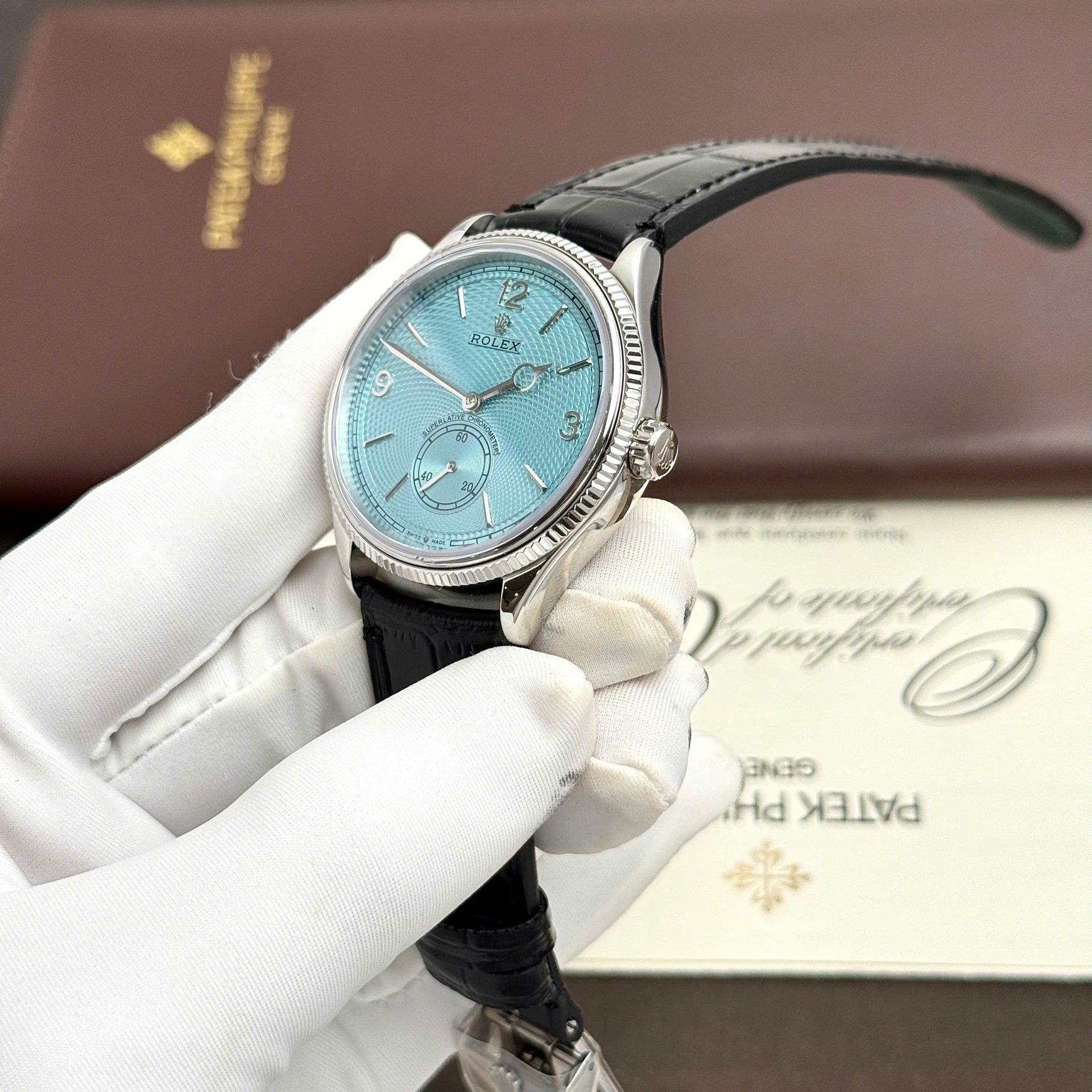 Rolex Perpetual 1908 Fake Watches Tiffany Dial Leather Strap Black 39mm