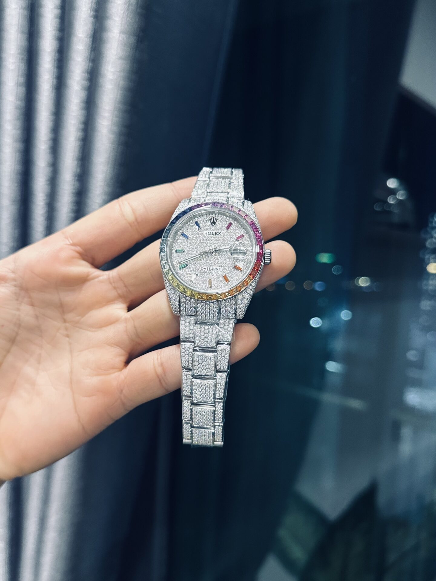 Rolex DateJust Rainbow Replica Watch Custom Moissanite Diamonds 41mm