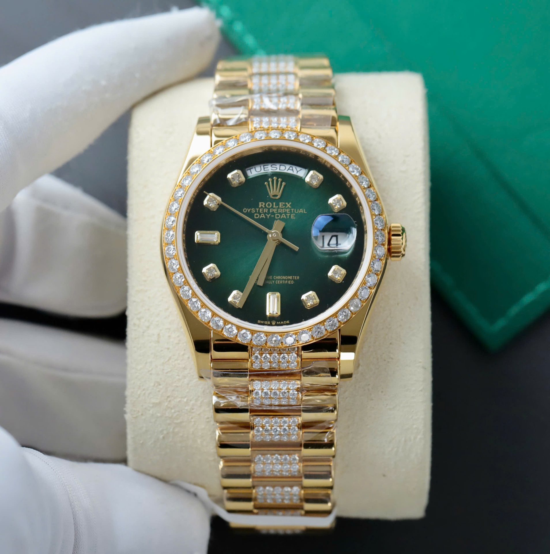 Rolex Day-Date Dial Green Ombre Copies Watch Gold Wrapped + Diamonds Moissanite Custom 36mm