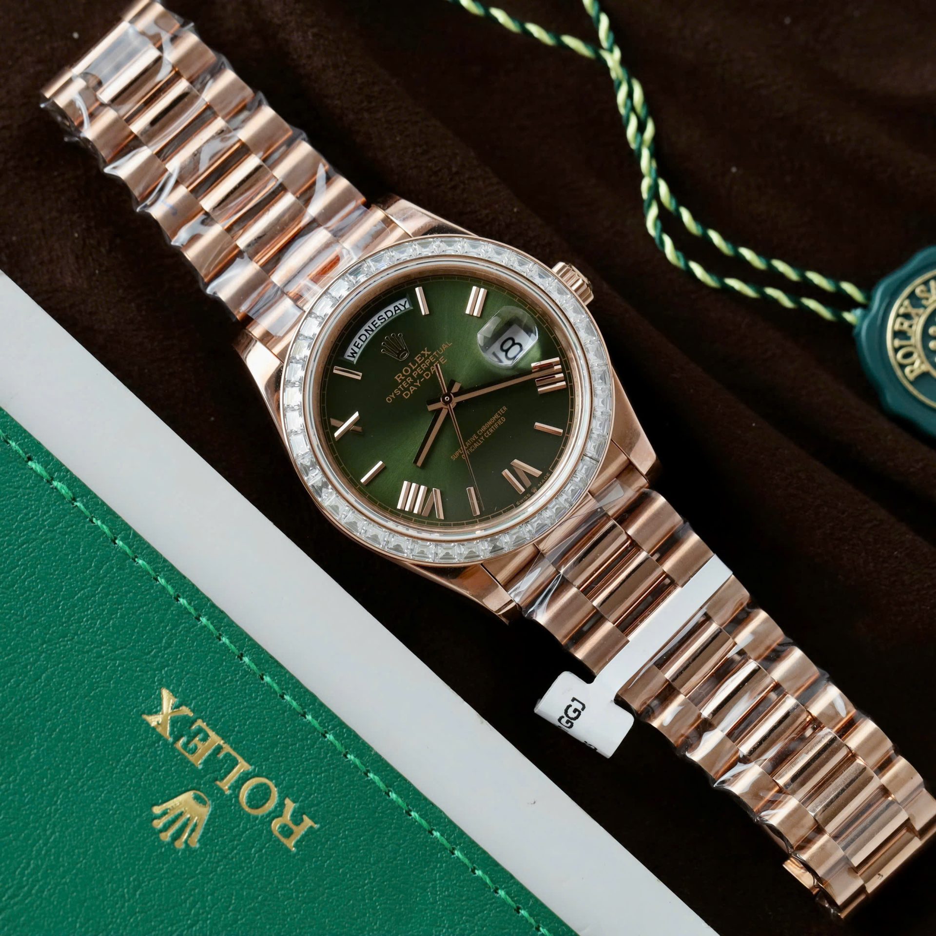Rolex Day-Date Geen Dial Copies Watches Gold Wrapped + Diamonds Moissanite Baguette 40mm