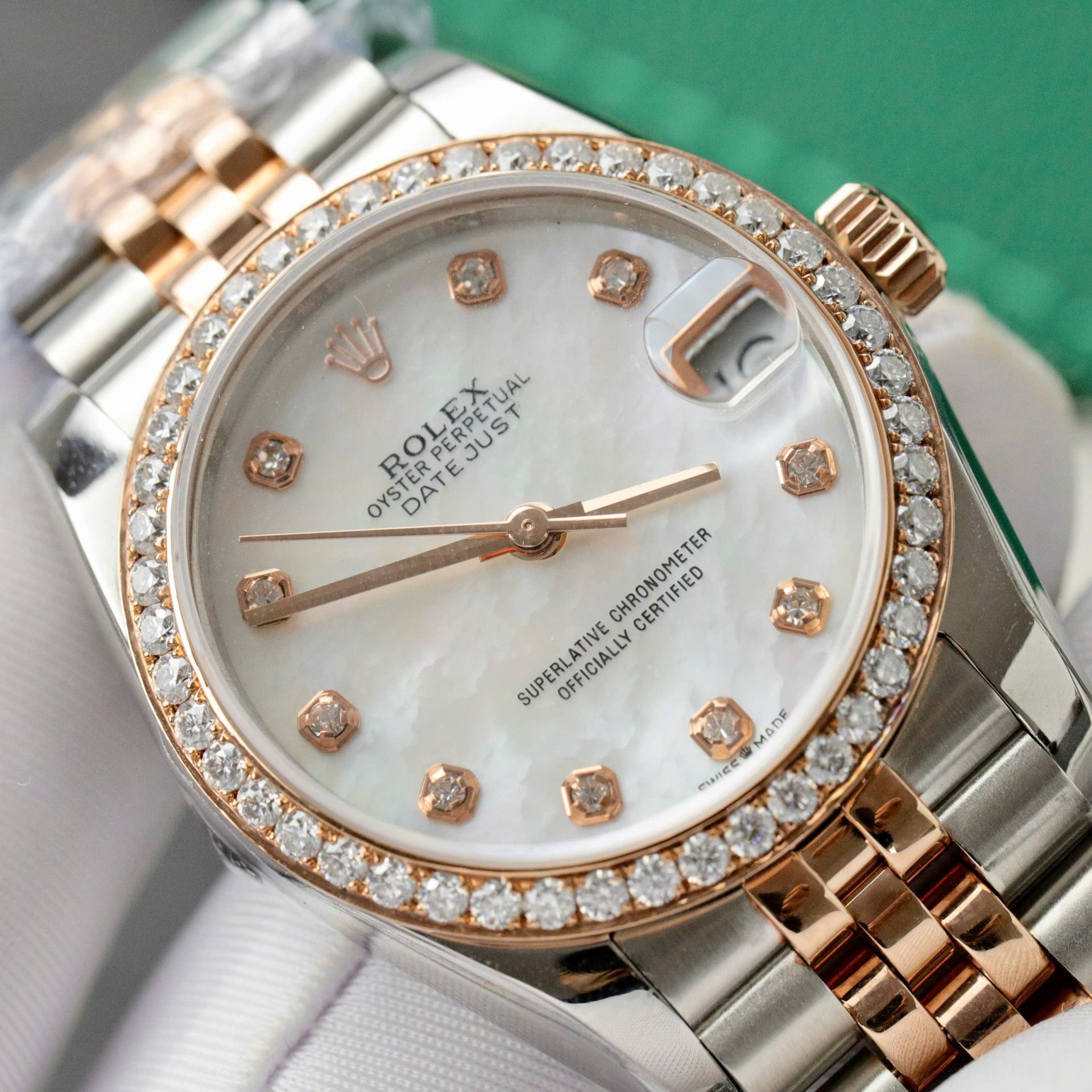 Rolex DateJust Replica 11 Watch Dial Mother Of Pearl Custom Moissanite Diamonds 31mm