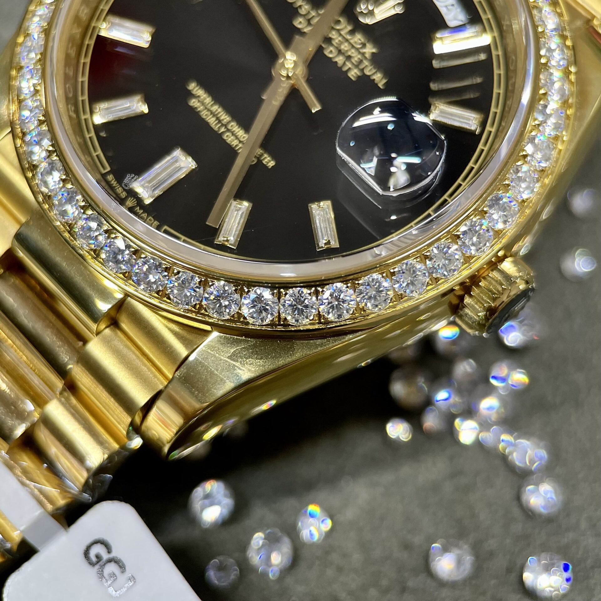 Rolex Day-Date Clone Watch Black Dial Moissanite Diamonds Custom 40mm