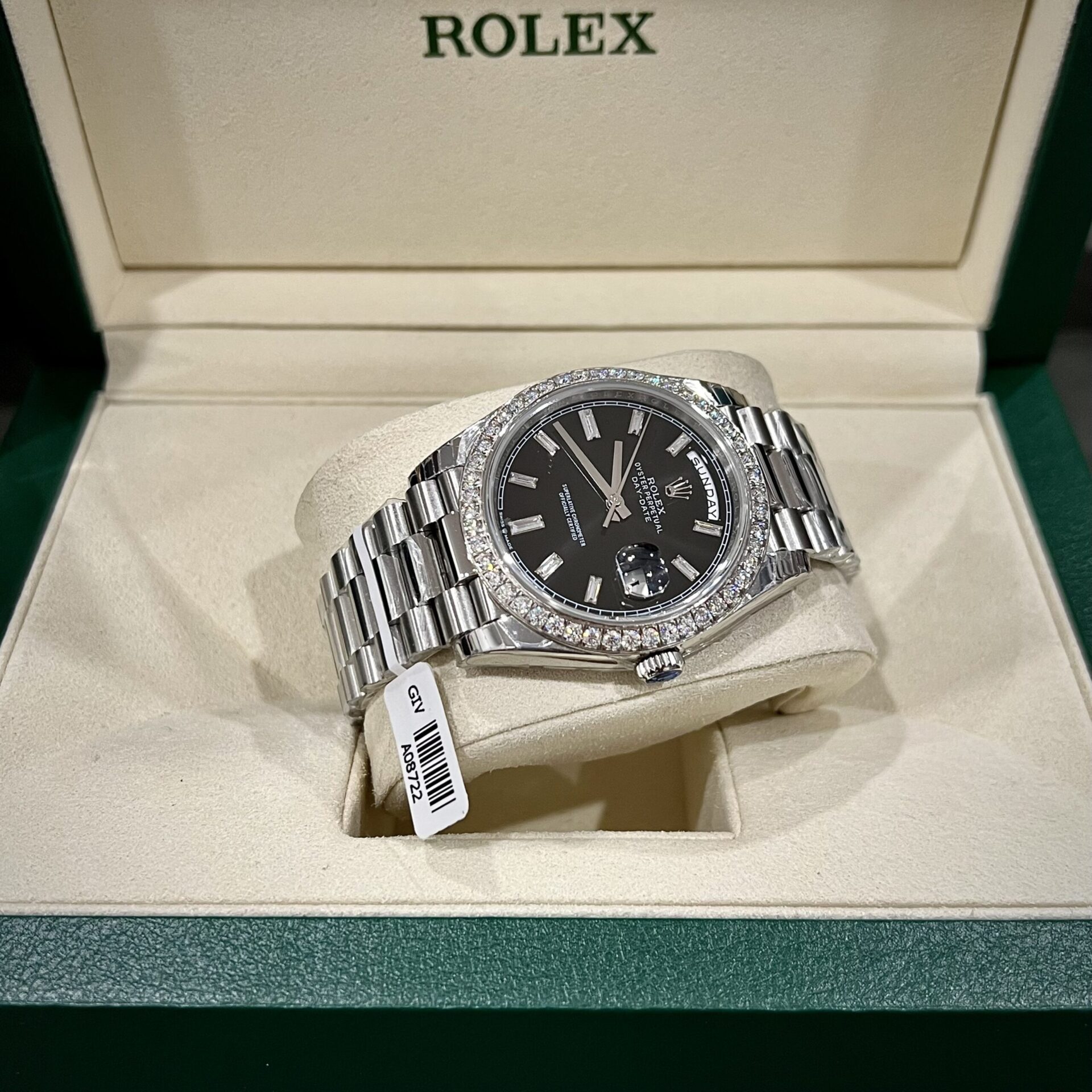 Rolex Day-Date Replica Watch Black Dial Custom Moissanite Diamonds 40mm