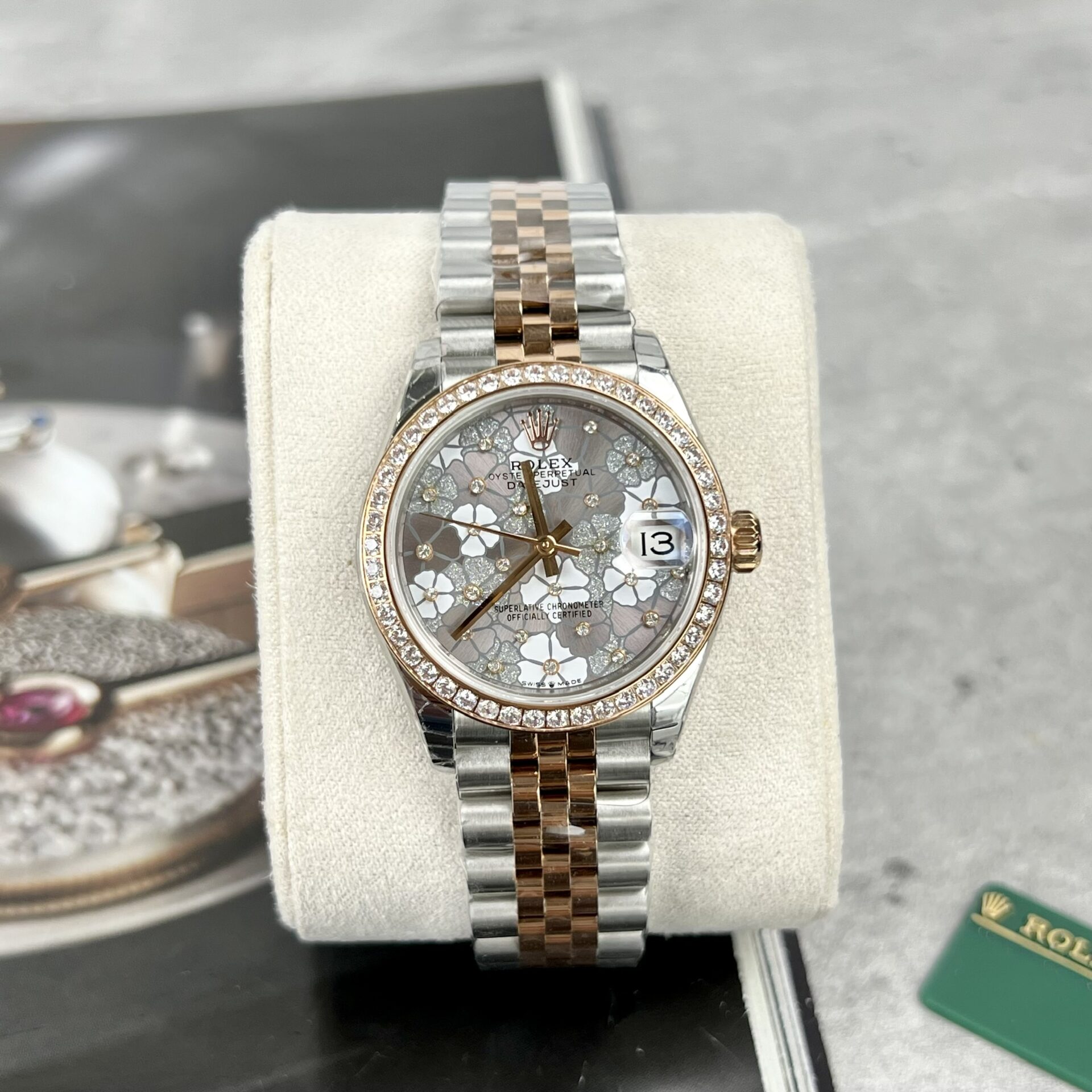 Rolex DateJust Replica Watch Flower Dial With Diamond Bezel 31mm