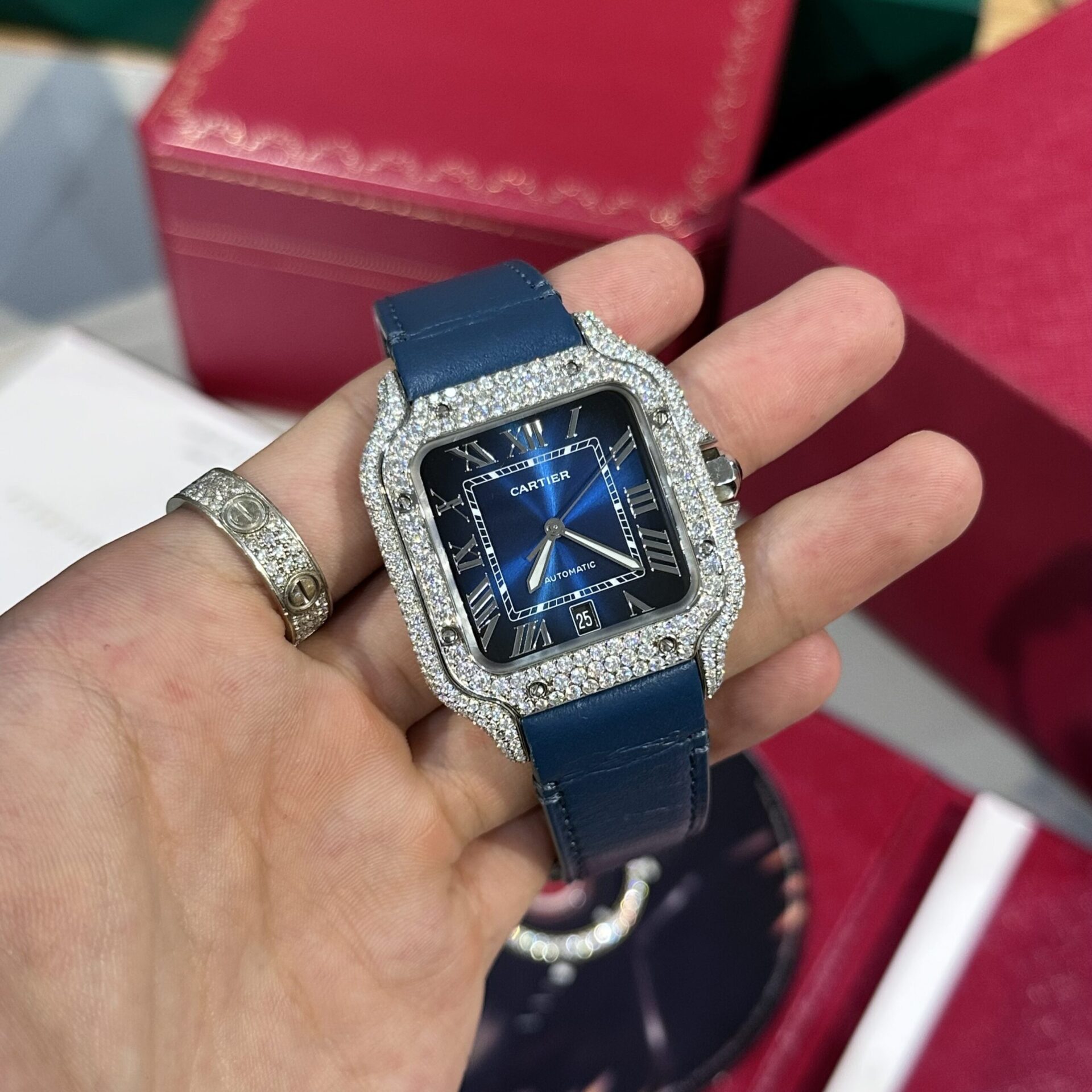 Cartier Santos Replica Watch Blue Dial Custom Moissanite Diamonds 39.8mm