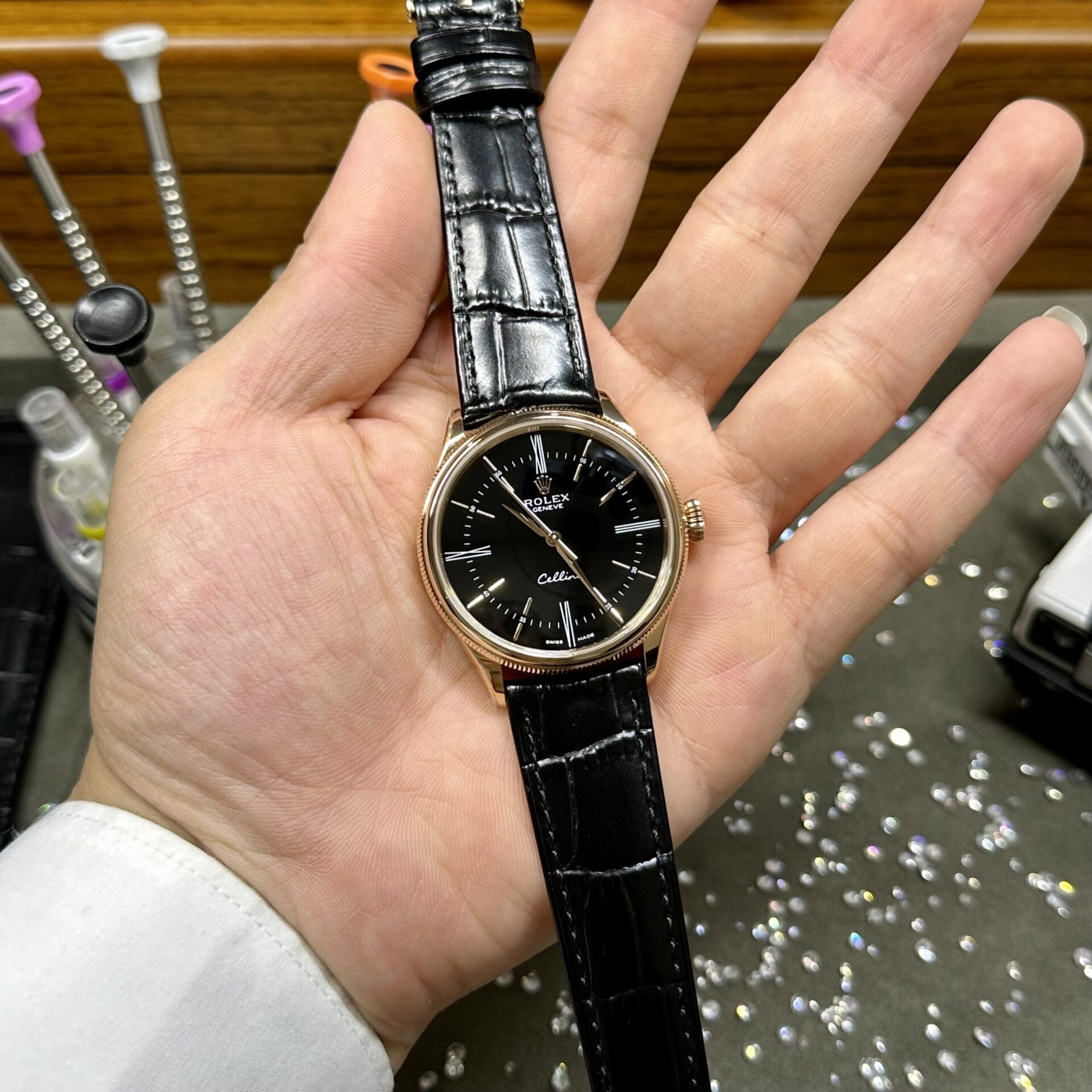 Rolex Replica Watch Cellini Time 50505 Black Dial Leather Strap 39mm