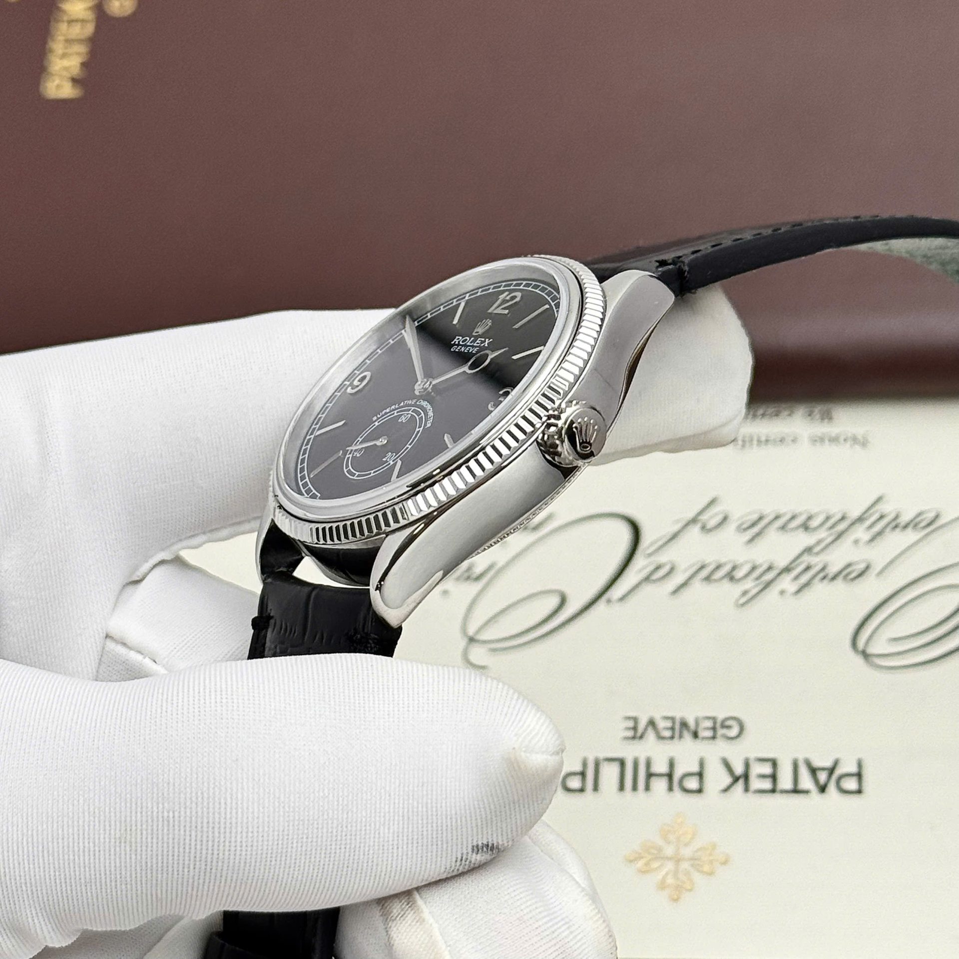 Rolex Perpetual 1908 Clone Watches Black Dial Leather Strap 39mm