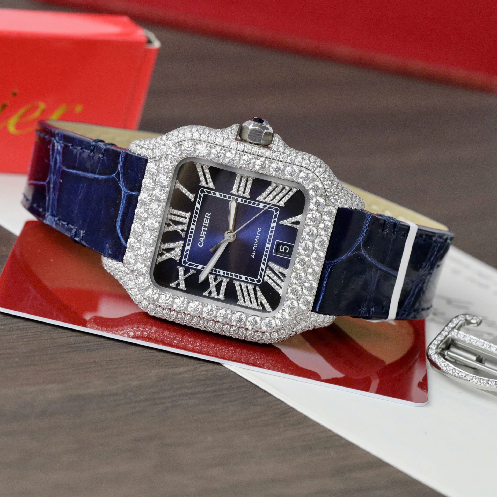 Cartier Santos Best Copies Watch Dial Blue Custom Diamonds Moissanite Hong Kong 39.8mm