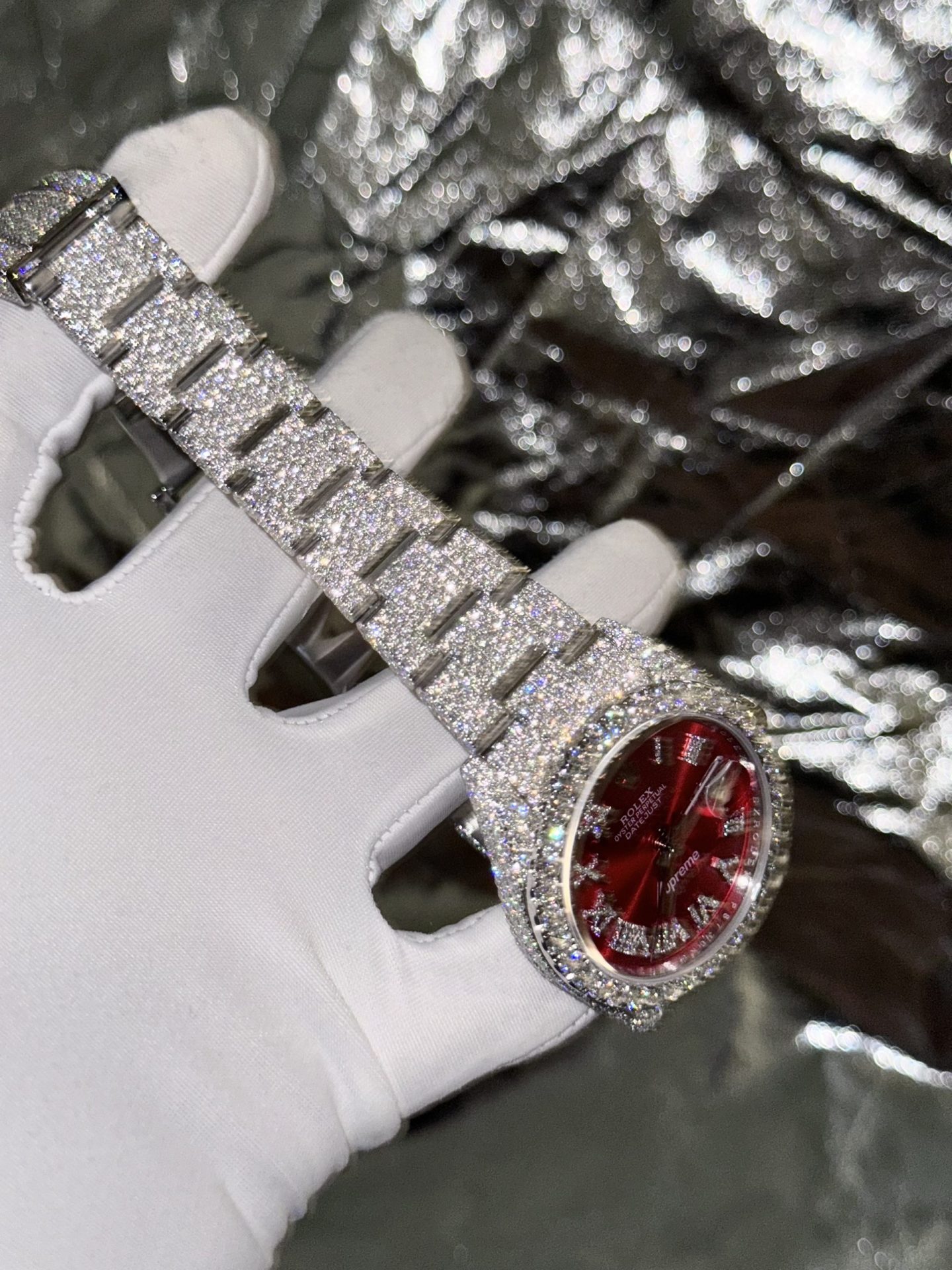 Rolex Best Replica Watch DateJust Supreme Custom Moissanite Diamonds Red Dial 41mm