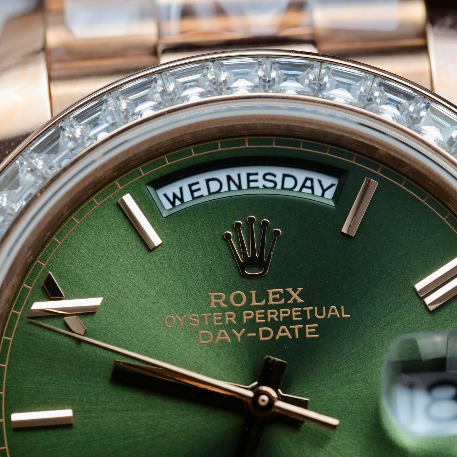 Rolex Day-Date Geen Dial Copies Watches Gold Wrapped + Diamonds Moissanite Baguette 40mm