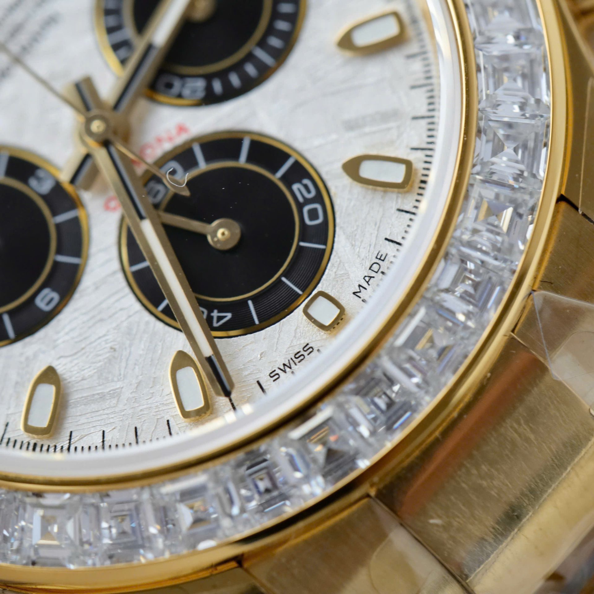 Rolex Daytona Meteorite Dial Copies Watch Gold Wrapped + Moisanite Baguette 40mm