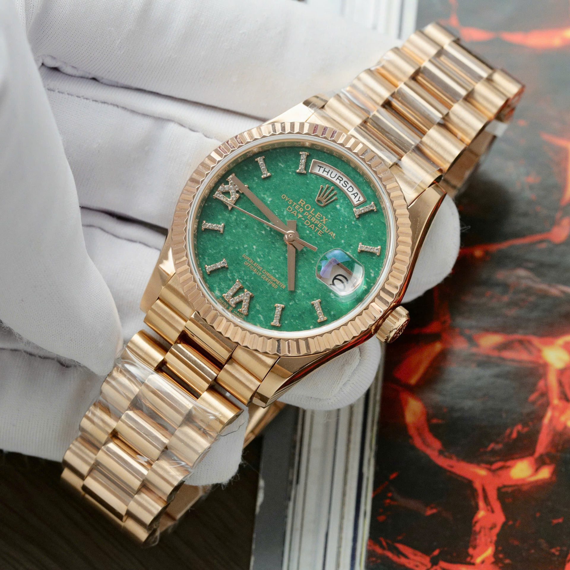 Rolex Day-Date 128235 Dial Aventurine Replica Watch Custom Gold Wrapped 36mm