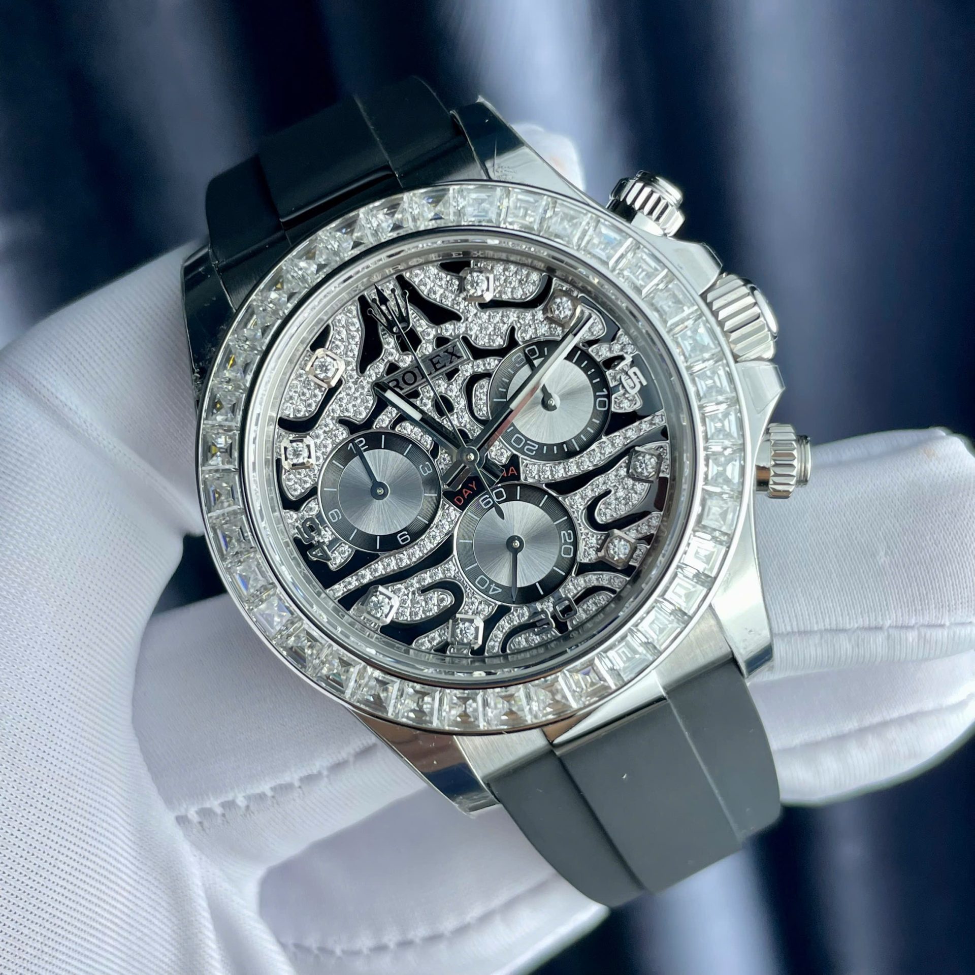 Rolex Cosmograph Daytona Eye Of The Tiger Replica Watch Custom Moissanite Baguette Diamonds 40mm